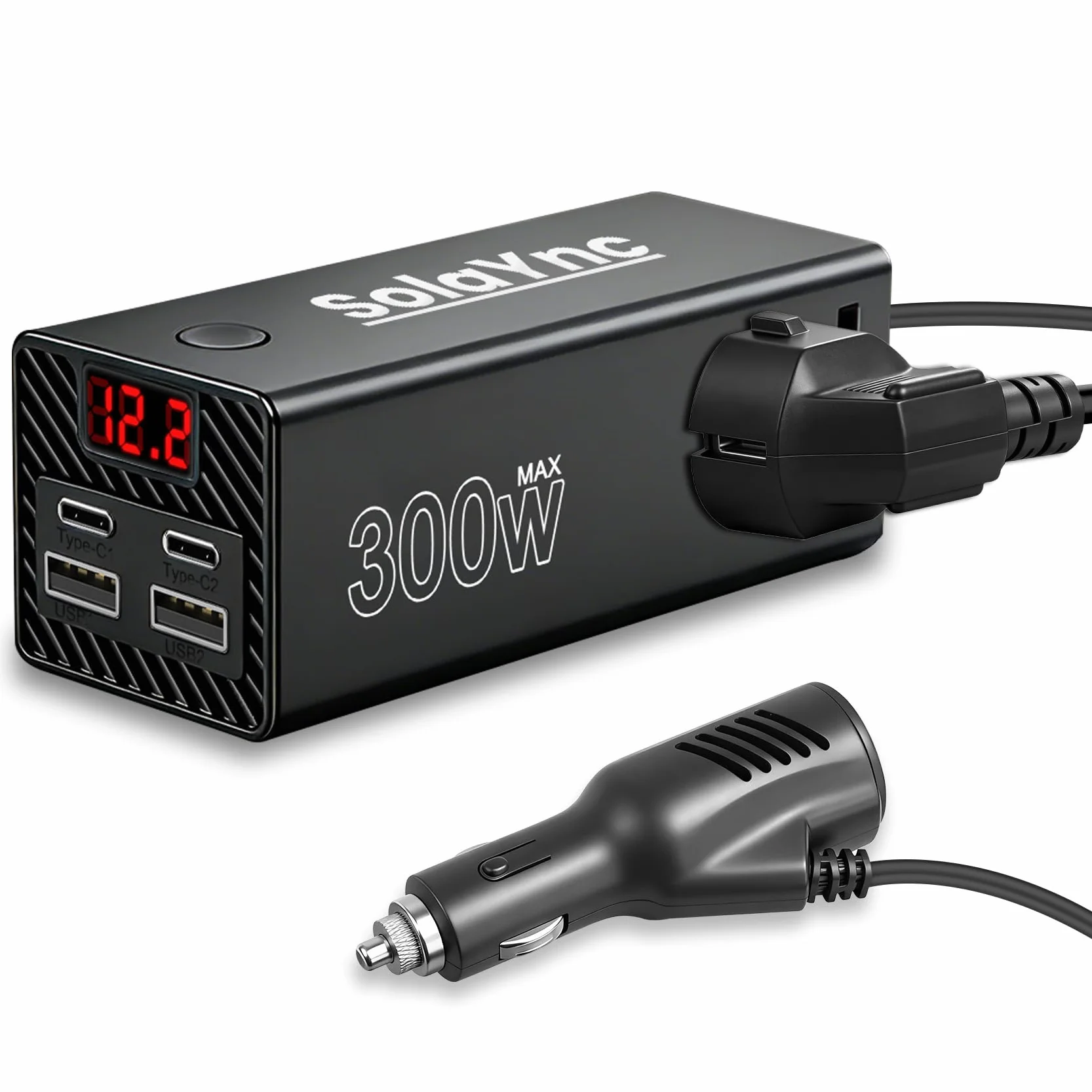 300W Convertidor de tensión para vehículos de 12 V/24 V a 230 V, con enchufes internacionales y Pantalla LED, 2 Puertos USB-A y 2 Puertos USB-C, Apto para Coches, Barcos y caravanas.