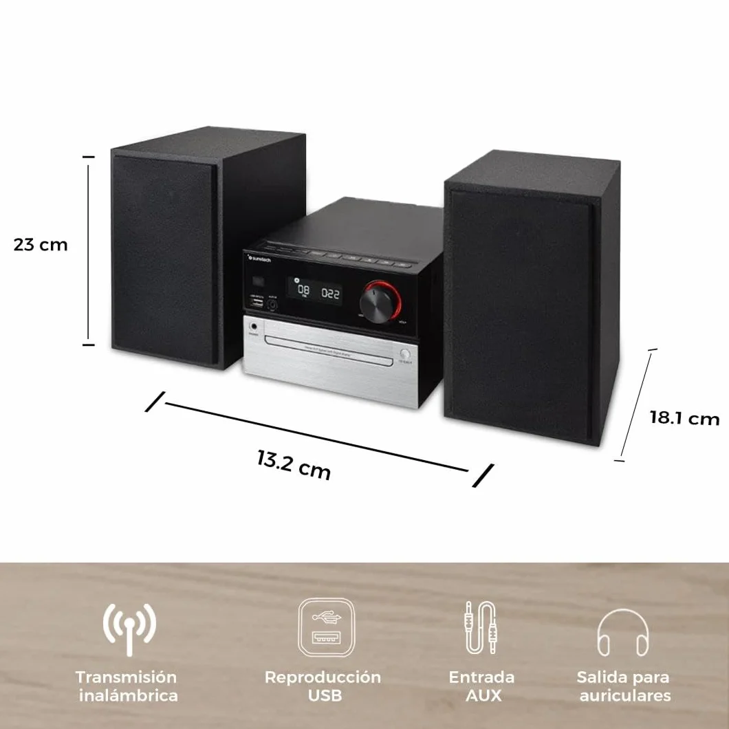 Sunstech Sistema Hi-Fi con conexión inalámbrica 5.3 + EDR | Microcadena con 30 W de Potencia, Reproductor CD/CD-R/MP3, Radio FM con 40 presintonías, Puerto USB y Entrada AUX-IN 3.5 mm
