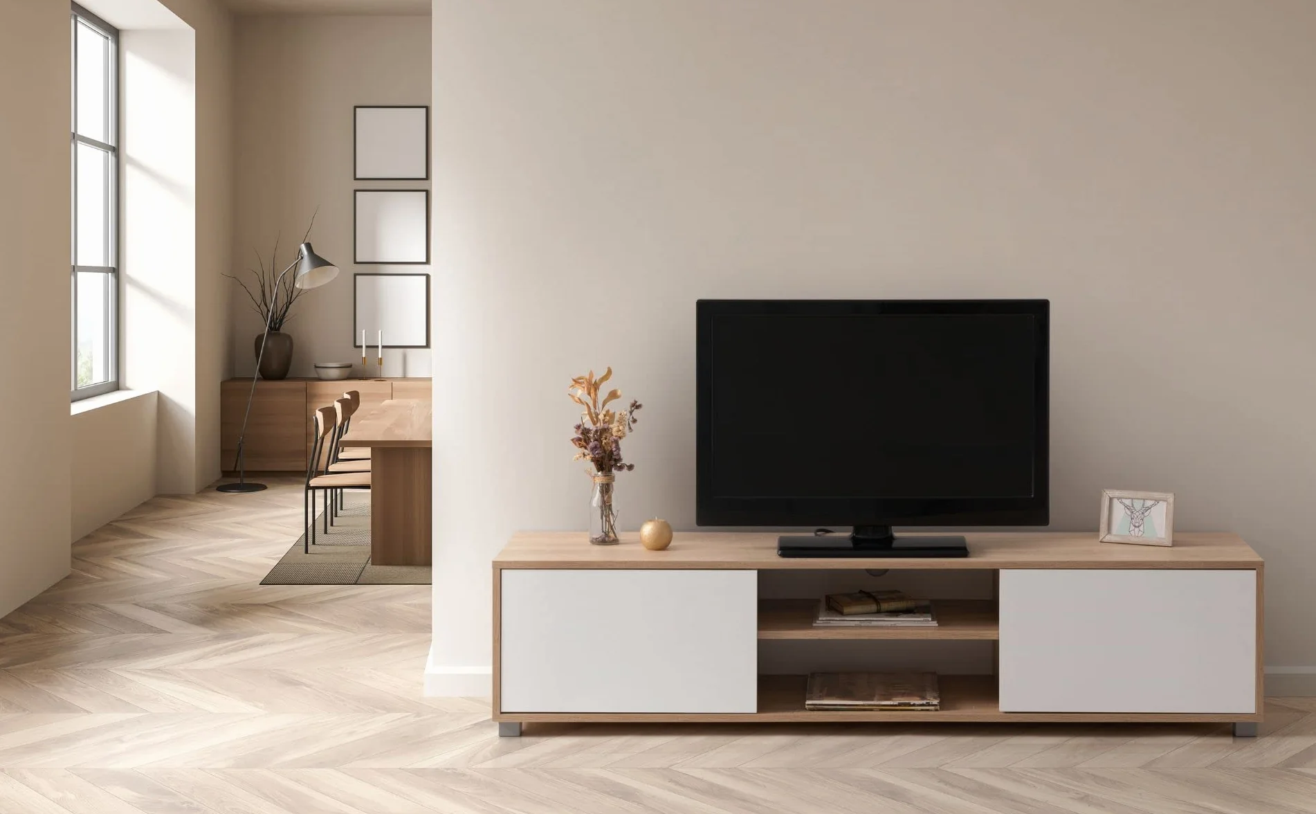 Mueble TV Salon Mesa para TV Color Roble y Blanco 180 x 40 x 41 cm. Atenea
