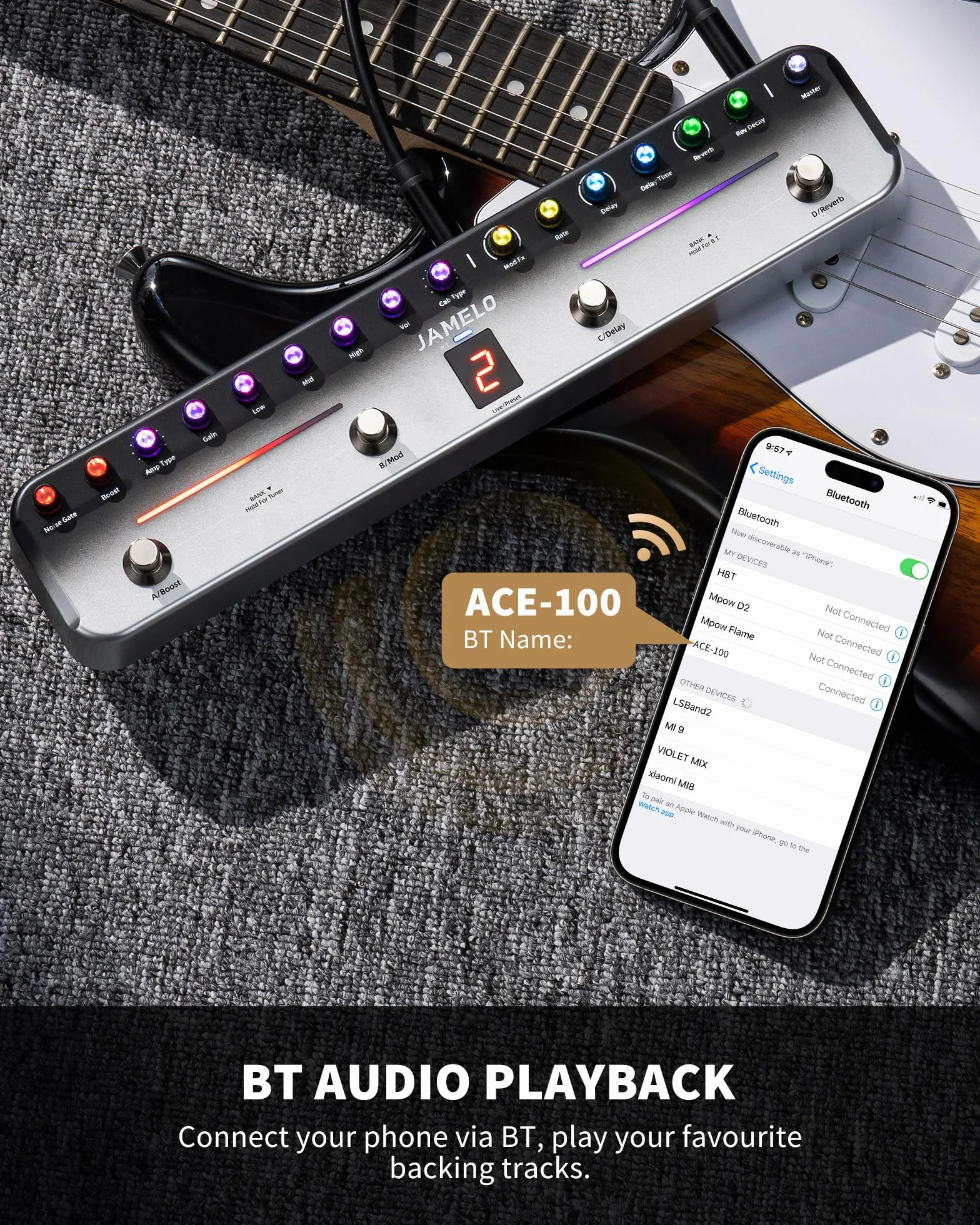 Pedal de efectos múltiples, procesador de efectos de guitarra JAMELO con 8 AMP y 8 CAB, reverberación, retardo, coro, puerta, aumento, recargable, Bluetooth y grabación, control por aplicación, 40