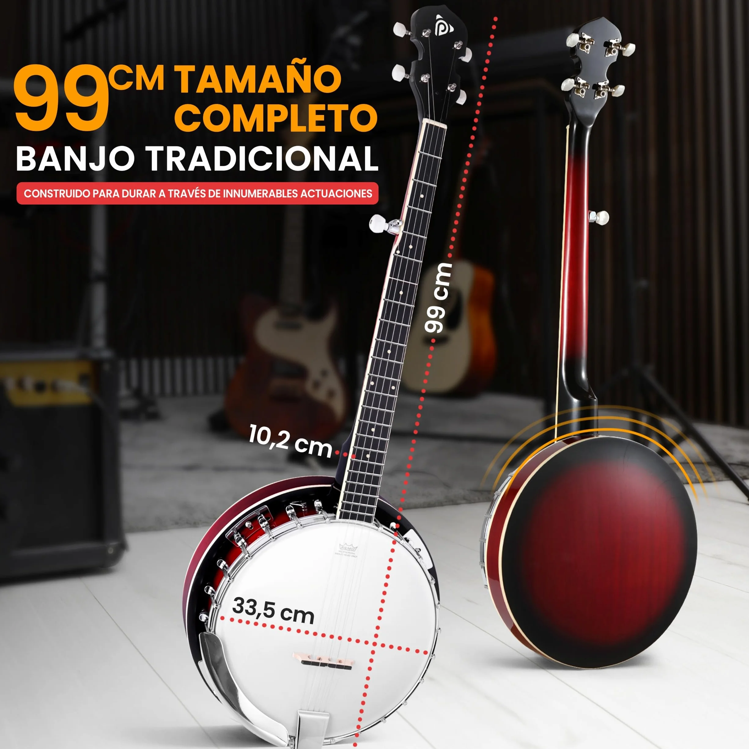 Pyle banjolele kit, Banjo, Remo head, Resonador de sapele, 39”, Tamaño tradicional, 5 cuerdas, Afinador engranado