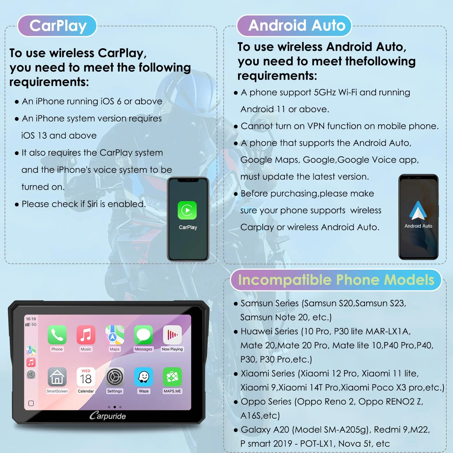 CARPURIDE W702S Motocicleta CarPlay Pantalla con BM05 Soporte para Conectar y Usar, Inalámbrico CarPlay y Android Auto, 7" Impermeable Táctilpantalla, Bluetooth Trans, Control con Cable, Navegación.