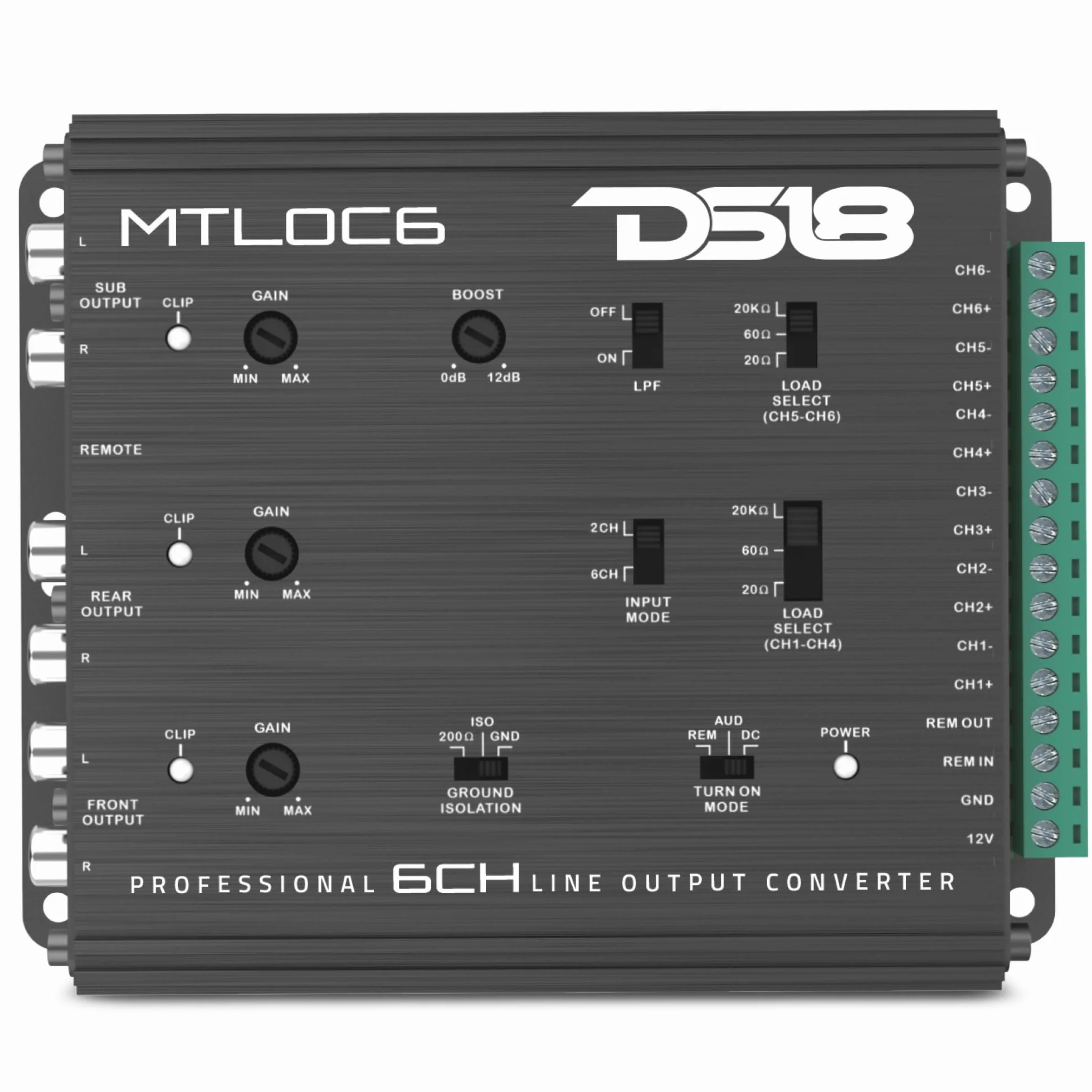 DS18 MTLOC6 - Convertidor de salida de línea de 6 canales de alto a bajo con encendido remoto | Impedancia de entrada seleccionable de 20/60/20 kΩ | Carcasa de aluminio con refuerzo de graves (0-12 dB