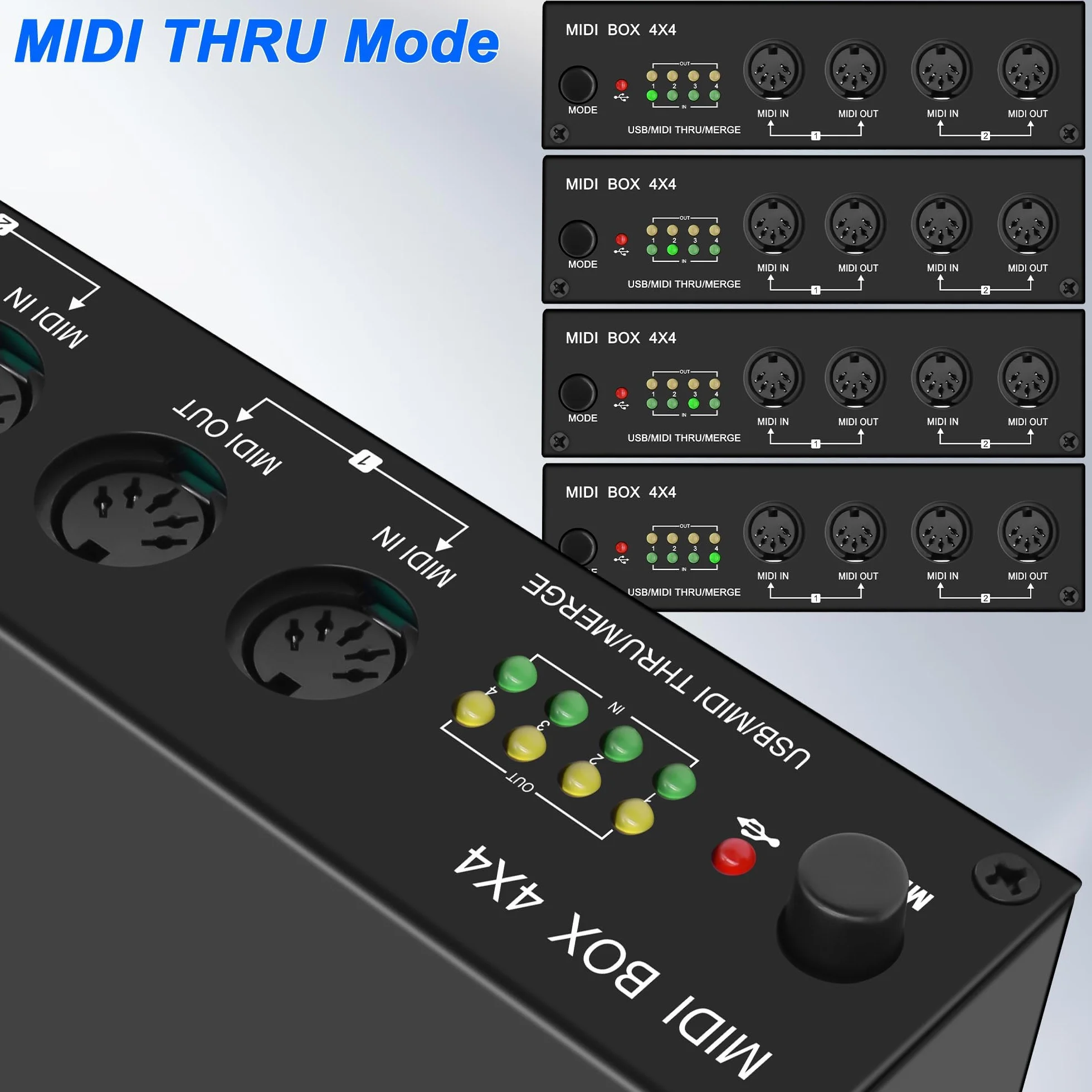 XMSJSIY Caja de interfaz USB MIDI 4 en 4 salidas 64 canales MIDI Thru Box 4 x 4 convertidor con enrutador Merge Splitter Thru Hub con indicadores LED para PC, Mac e instrumentos USB MIDI