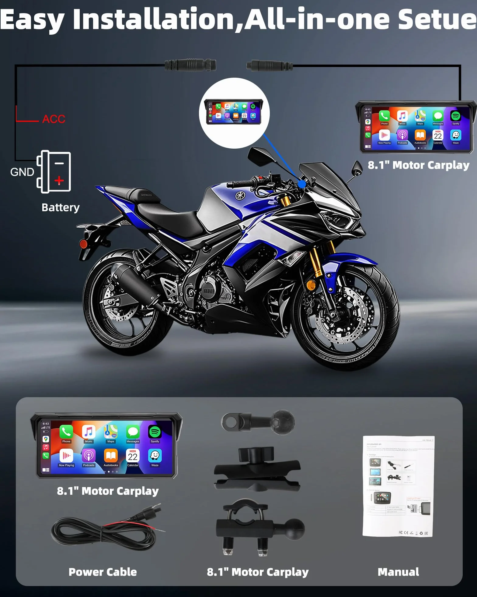 8,1 Pulgadas Pantalla Carplay Moto Android Auto Moto, Pantalla Táctil Resistente al Agua IP67 Navegación GPS para Motocicletas Audio Bluetooth Siri y Asistente de Google