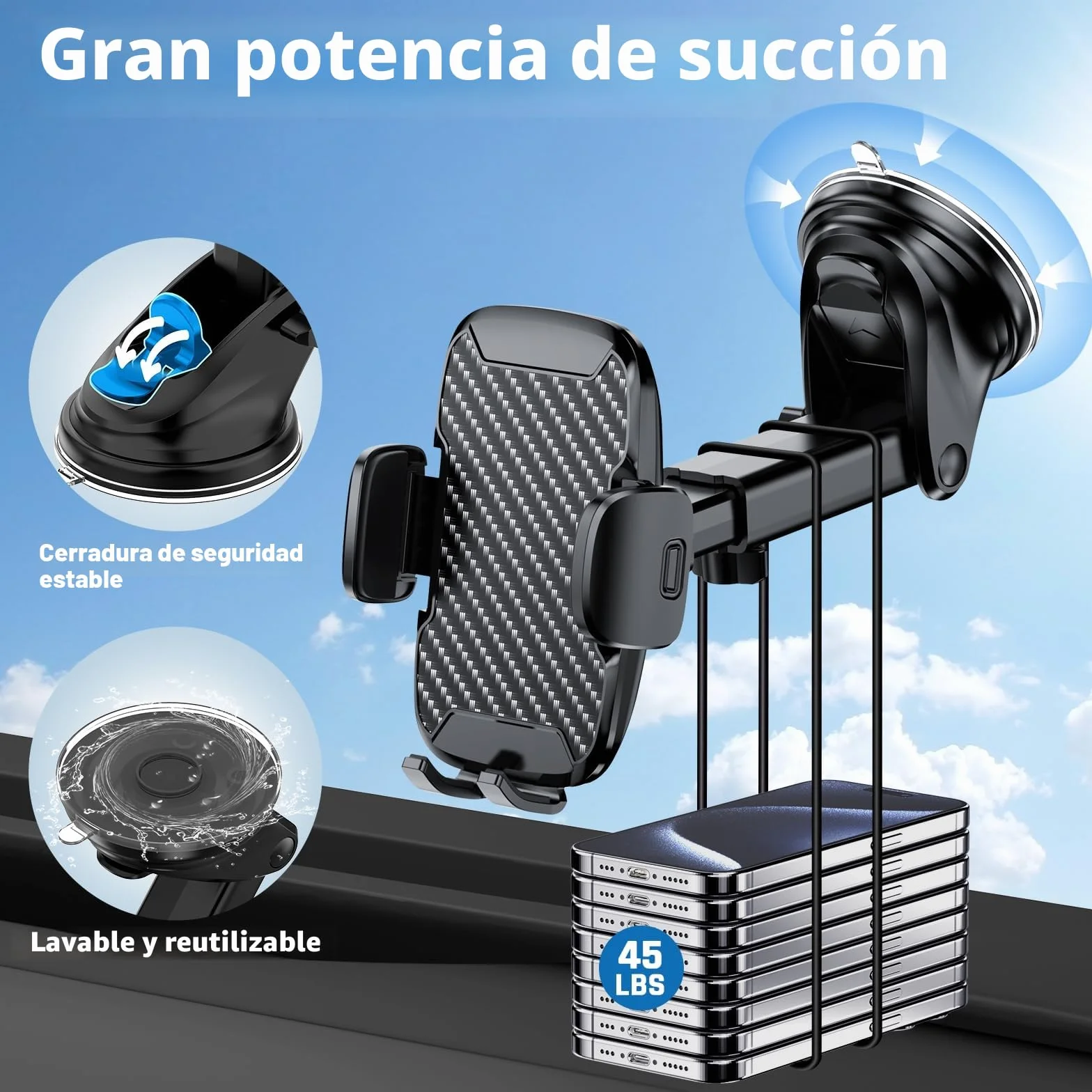 Vexloria Soporte Móvil Coche Universal con Ventosa y Clip para Teléfonos 4-7"