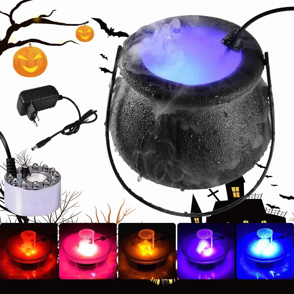 Caldero de brujas para Halloween, hervidor de brujas con niebla, máquina de niebla de Halloween con 12 luces LED de colores, pulverizador para fumar para Halloween, atmósferas, diseño de escenas