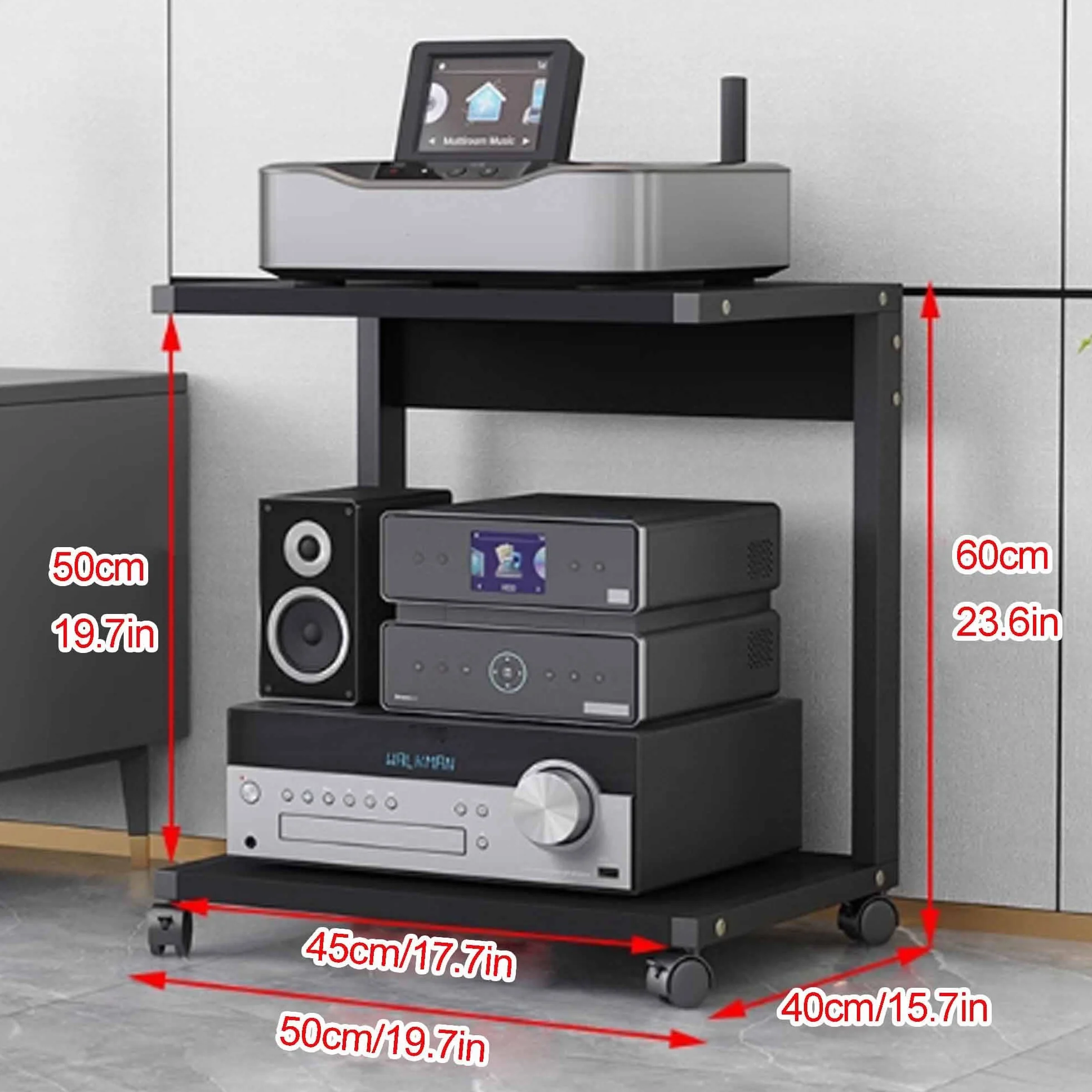 Mueble Equipo Hifi Soporte Multimedia, Soporte para medios AV Torre de rack de audio para tocadiscos, Gabinete estéreo Torre de rack de audio para sala de estar Sala de juegos y grabación(Nero,50*40*6