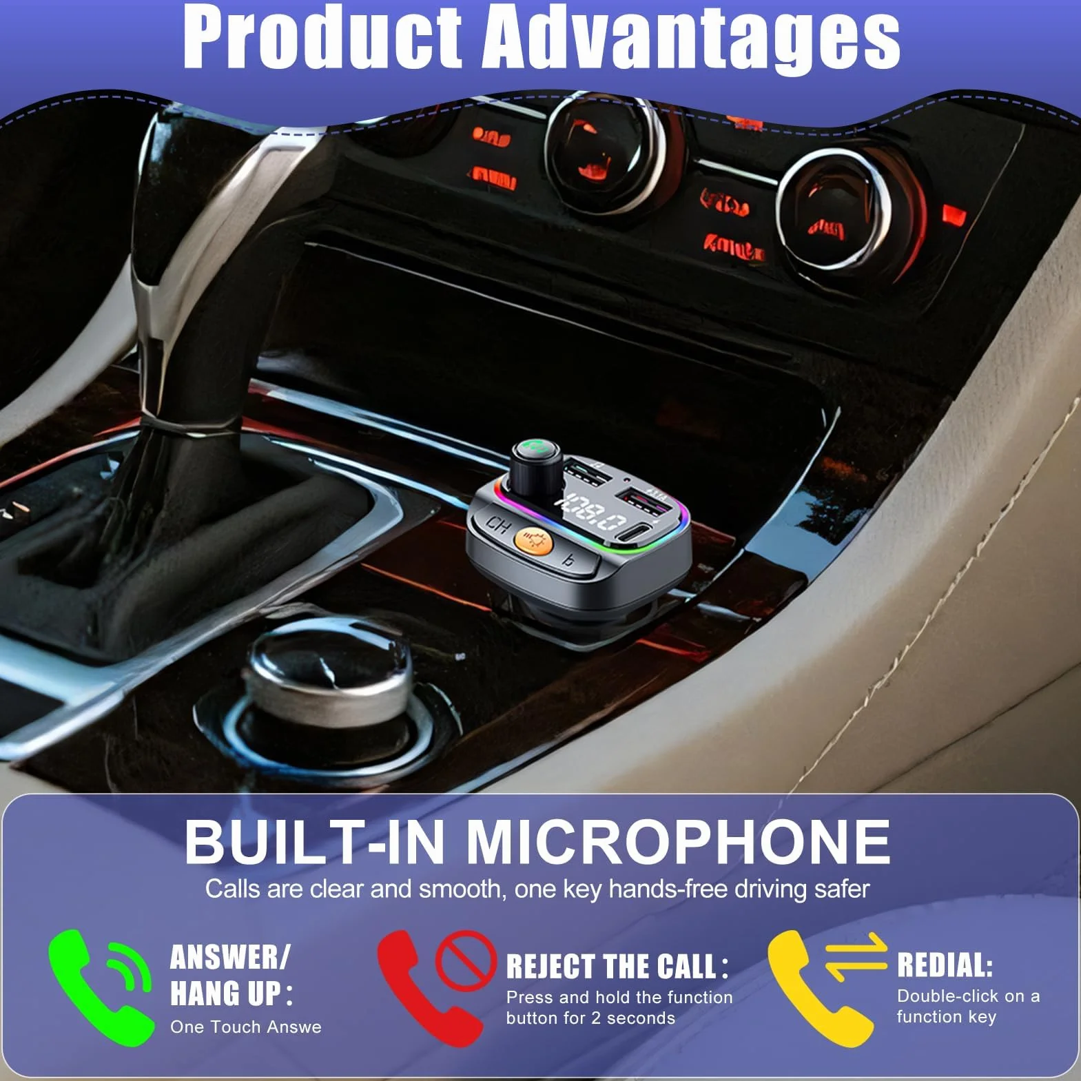 Transmisor FM Bluetooth Coche, Adaptador Bluetooth Radio Coche, Manos Libres, Radio Inalámbrica 5.0, Reproductor MP3, Soporte de Graves Hi-Fi, con luz Ambiental