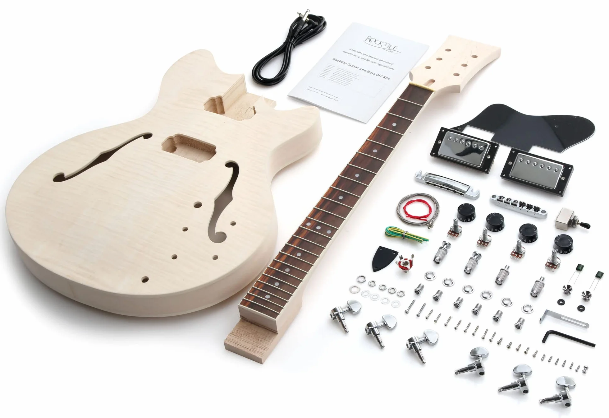 Kit De Guitarra Eléctrica Rocktile HB-Style - Kit DIY Semi-Hollow Con Diapasón De Palisandro, Cuerpo De Paulownia Con Sustainblock, Mástil De Arce Para Encolar - 2 Humbucker
