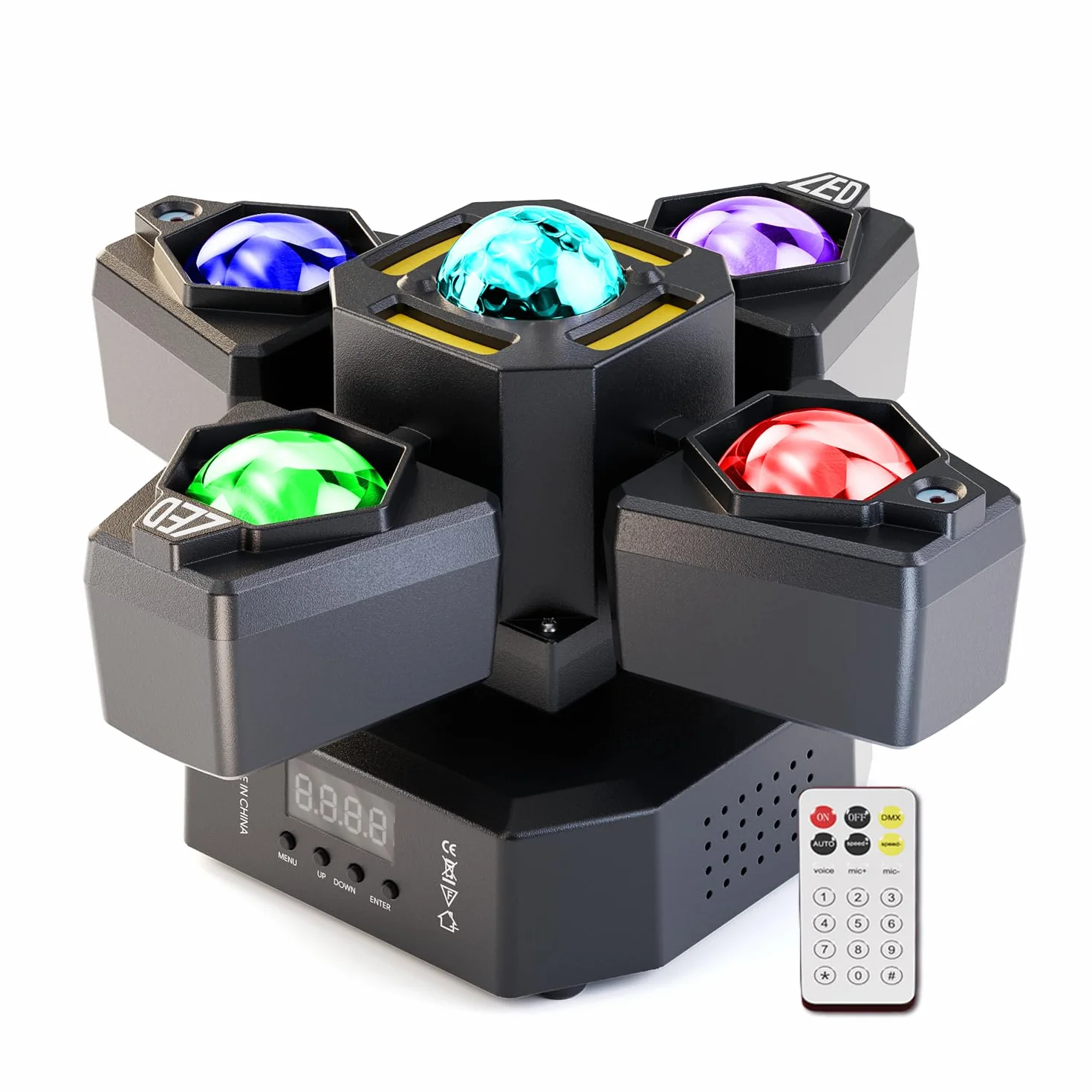 1 Piezas Cabeza Móvil LED DJ con Bola,Foco de Iluminación RGBW 120W, Moving Head 4 Brazos Control Remoto/DMX512/Auto/Sonido,Escenario Focos de Efecto para Fiesta DJ Bar Discoteca Clubes Navidad