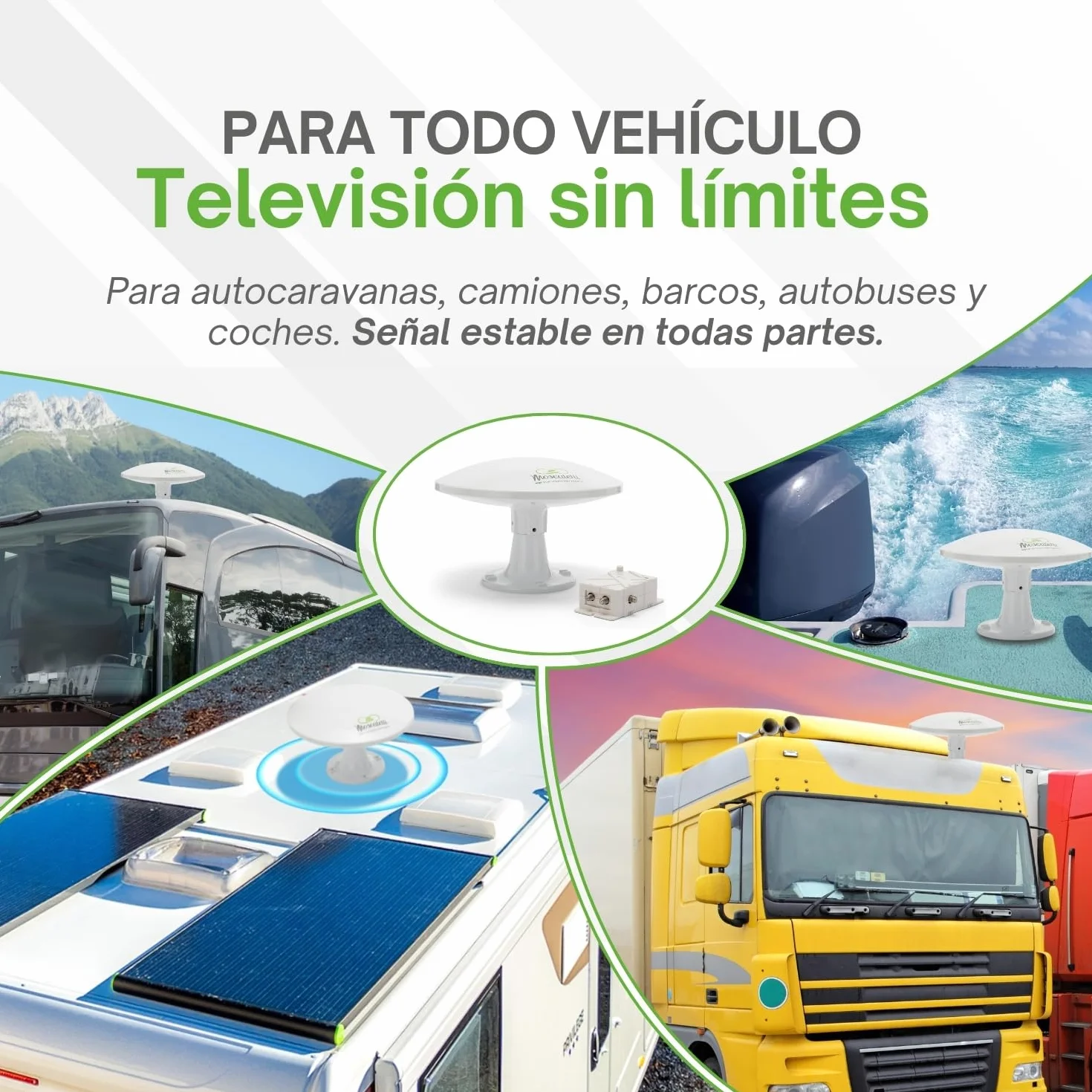 MOSCATELLI Antena TV Omnidireccional TDT DVB-T/T2 Exterior para Autocaravana - Filtro Integrado LTE 4G - 12v-24v-220v - Impermeable Kit Completo Amplificador