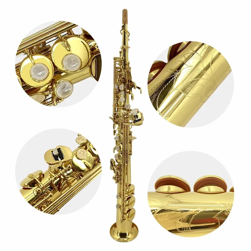 Saxofón soprano recto Bb, acabado lacado dorado, diseño ergonómico con funda, boquilla, correa para el cuello y accesorios, ideal para principiantes y jugadores avanzados