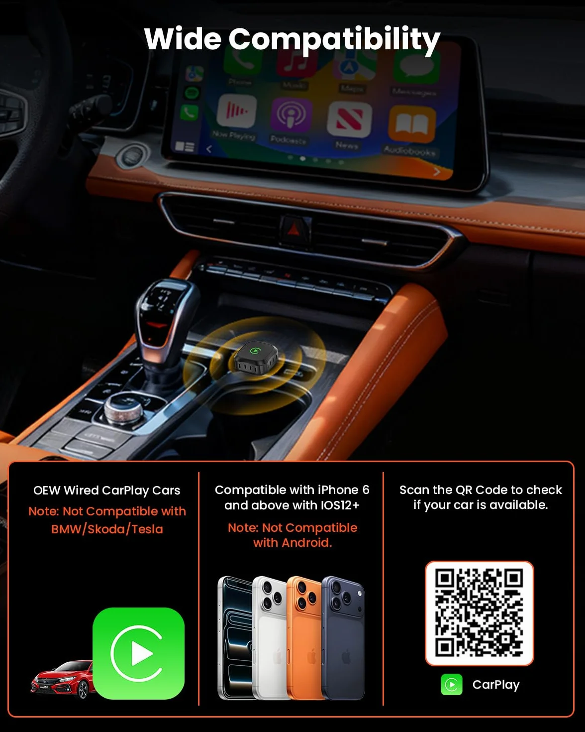 GEEKERA Adaptador CarPlay Inalámbrico para Apple: Modelo 2026 Wireless CarPlay para Coche, Convierte Cable a Wireless, Compatible con iPhone iOS 12+, USB A/C y Vehículos 2016+, Negro