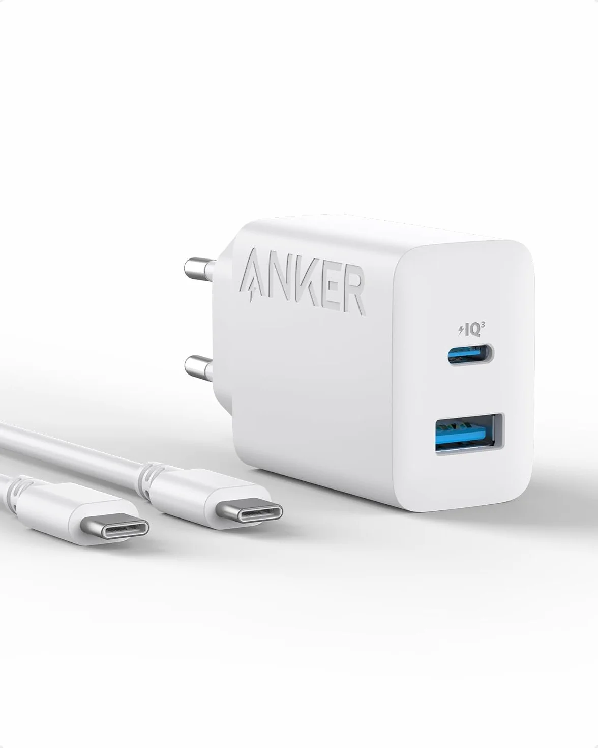 Anker Cargador iPhone Carga Rapida USB C 20W, con 2 Puertos,para iPhone 17/17 Pro/17 Pro Max/16 Plus/15 Air iPad y más(Cable USB C de 1,5m Incluido)