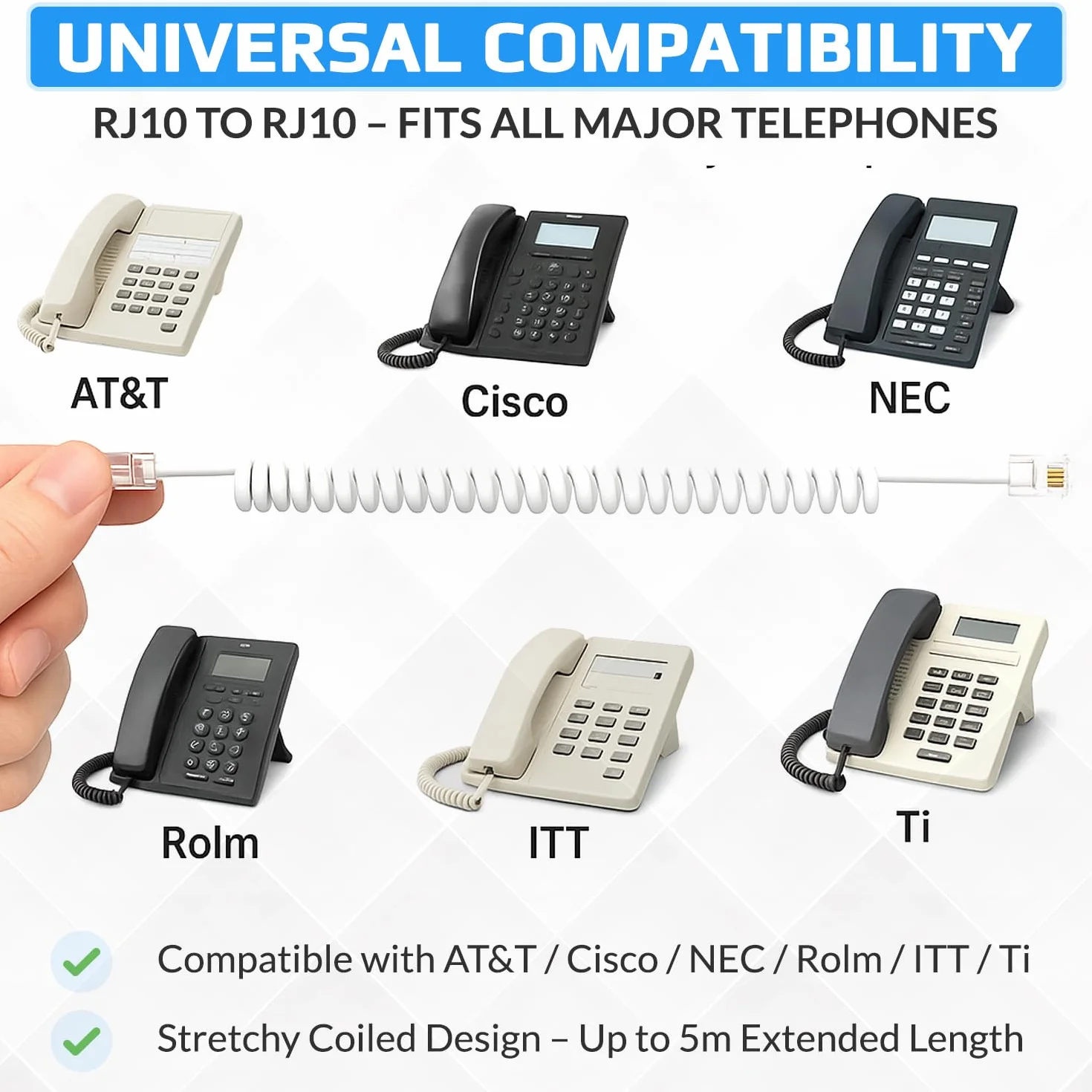 Keple Cable Telefónico RJ10 Espiral 2m Blanco Compatible Cisco NEC ROLM ITT TI