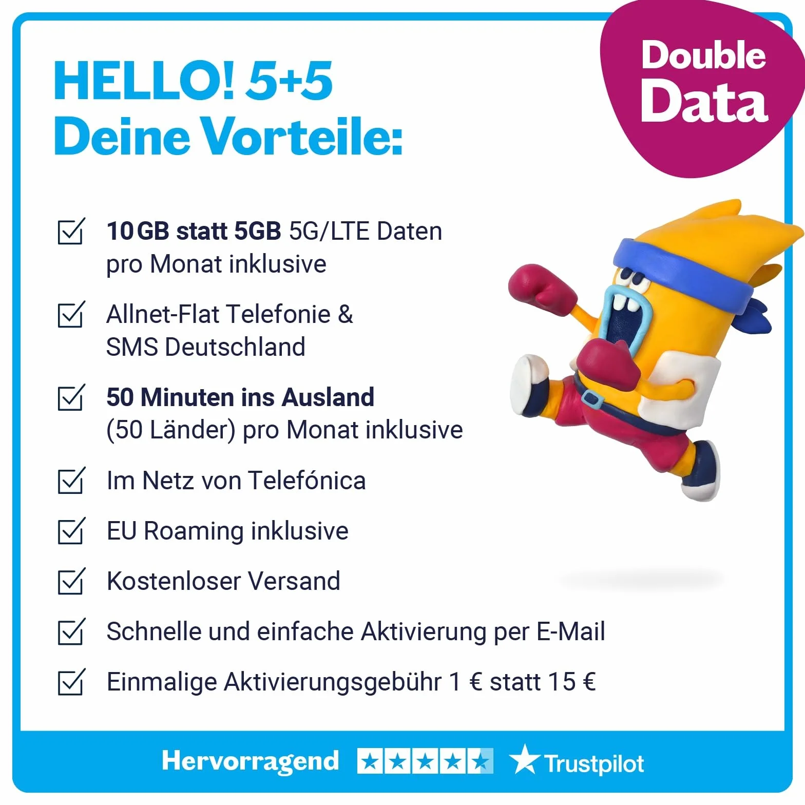 LEBARA Tarifa móvil Hello! 5+5 | 10 GB de volumen de datos | 4,99 € mtl. 5G con hasta 50 Mbit/s | Allnet Flat Telefonía & SMS Alemania incluye itinerancia de la UE | 50 minutos en el extranjero