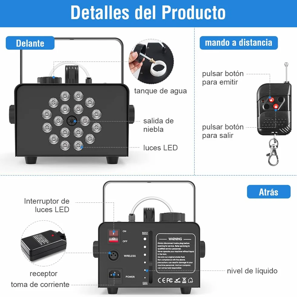 Maquina de Humo Profesional 1200W con 18 LEDs RGB Integrados para Fiestas, Halloween, Bodas, Discoteca, DJ Efecto Escenario