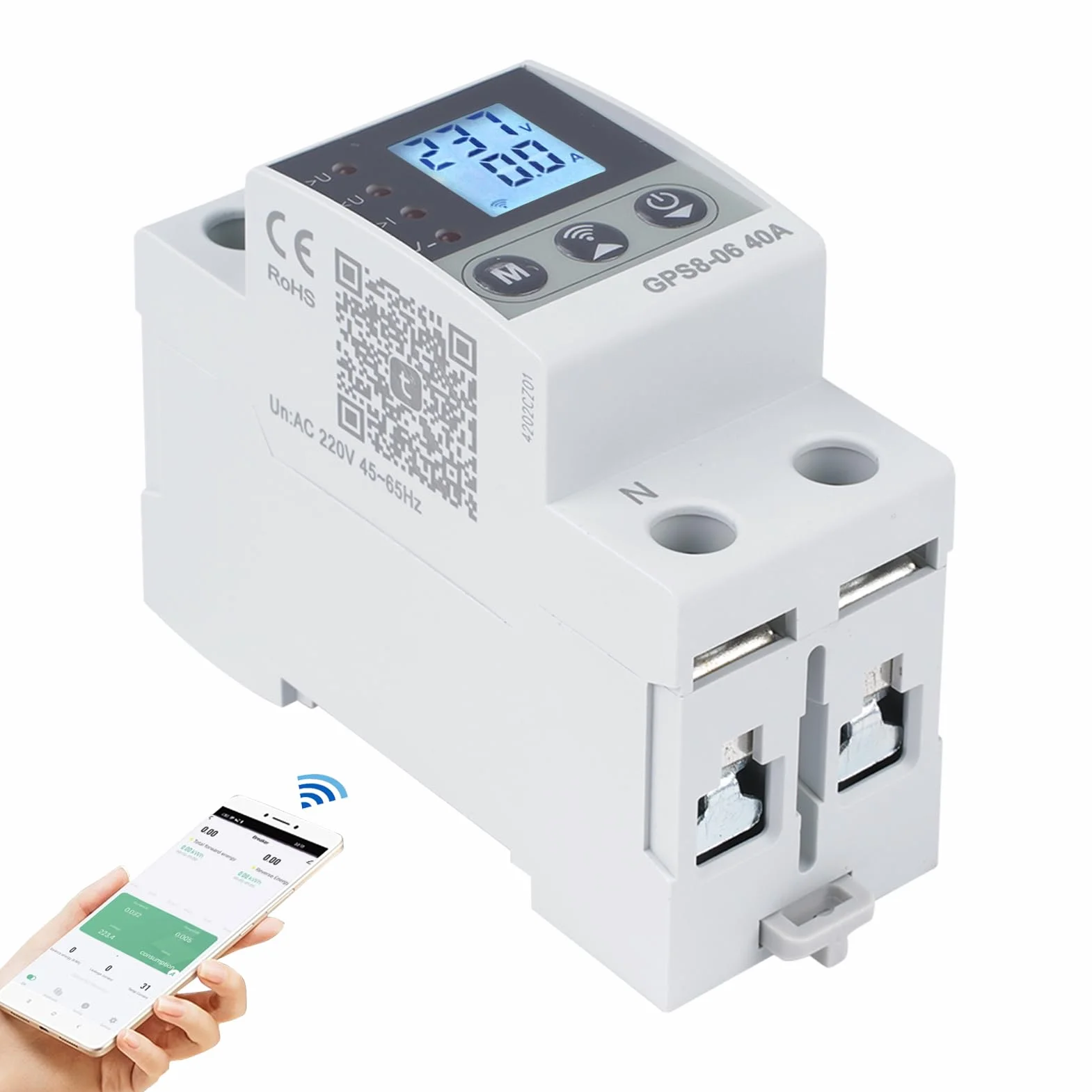 63A Protector sobretensiones WiFi Interruptor contador electrico 2P 220V AC con funcion de autorreajuste de sobretension/subtension y sobrecorriente ajustable.