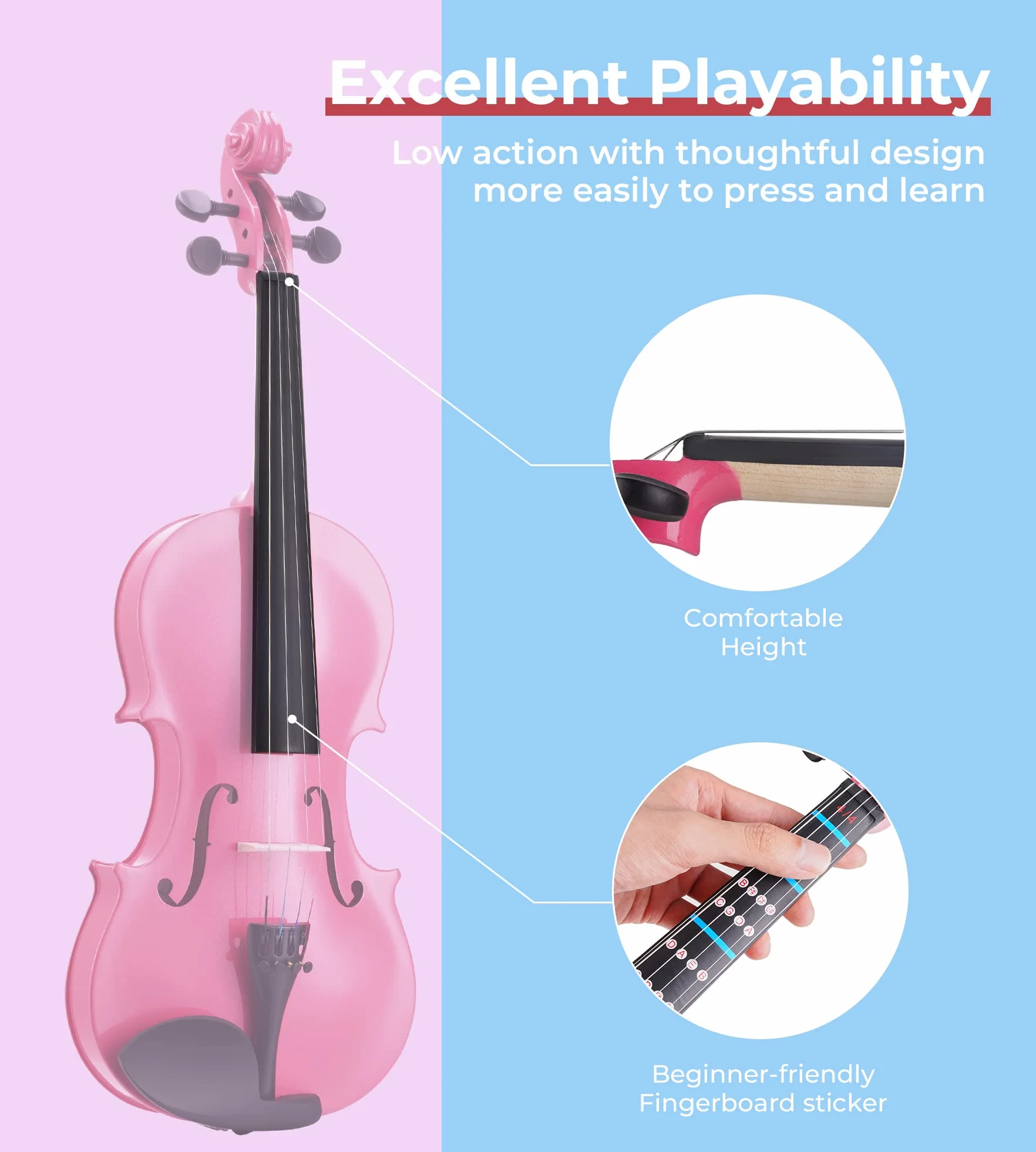 Vangoa 3/4 Violín Acústico Tres Cuartos Violin Set para Principiantes, Estudiantes, Niños con Estuche Colofonia Afinador Cuerdas Arco, Rosa