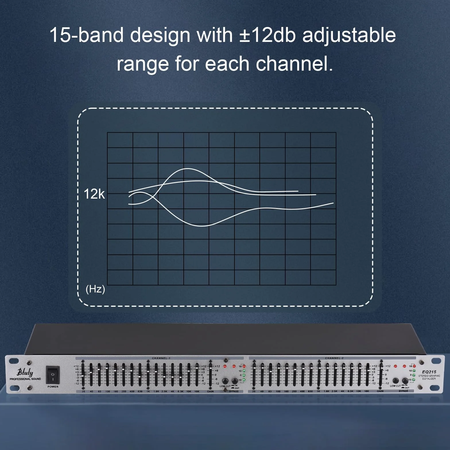 Btuty EQ-215 Dual Channel 15-Band Equalizer 1U Rack Mount 2-channel Stereo Graphic Equalizer