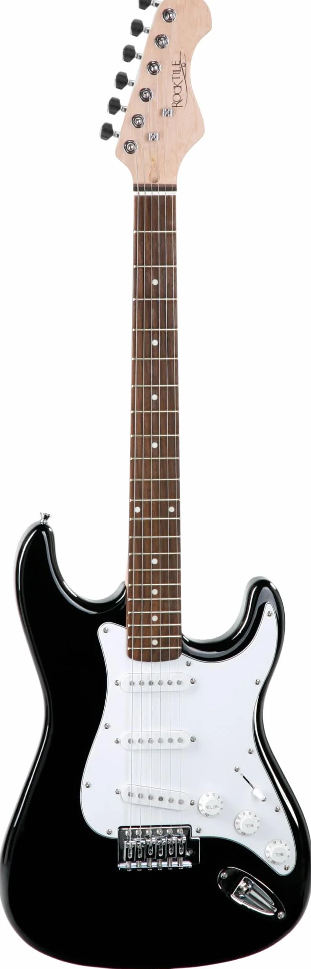 Rocktile Sphere Classic Negra Guitarra Eléctrica, 3x Single Coil, 21 trastes, diapasón Engineering Wood, puente tremolo, cable 2.5m, palanca tremolo y llave Allen, púas blancas.