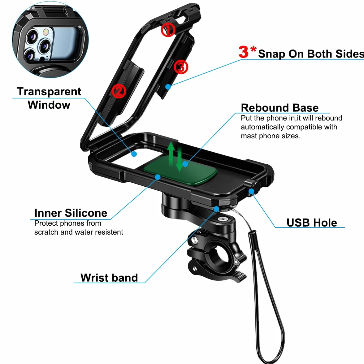 Soporte Movil Moto Impermeable 360°Rotación Universal Soporte Movil Bicicleta Desmontable con Pantalla Táctil, Anti Vibración Soporte para Telefono Movil de Motocicleta para 5.5"-6.8" Movil (L)