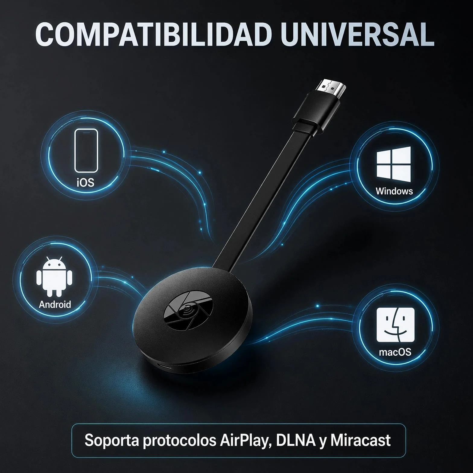 Adaptador De Pantalla Inalámbrico, 1080P para TV Proyector Monitor Receptor Duplicacion Pantalla Miracast Airplay Dlna Streaming iPhone Android PC No Google/Netflix (Menu En Español)