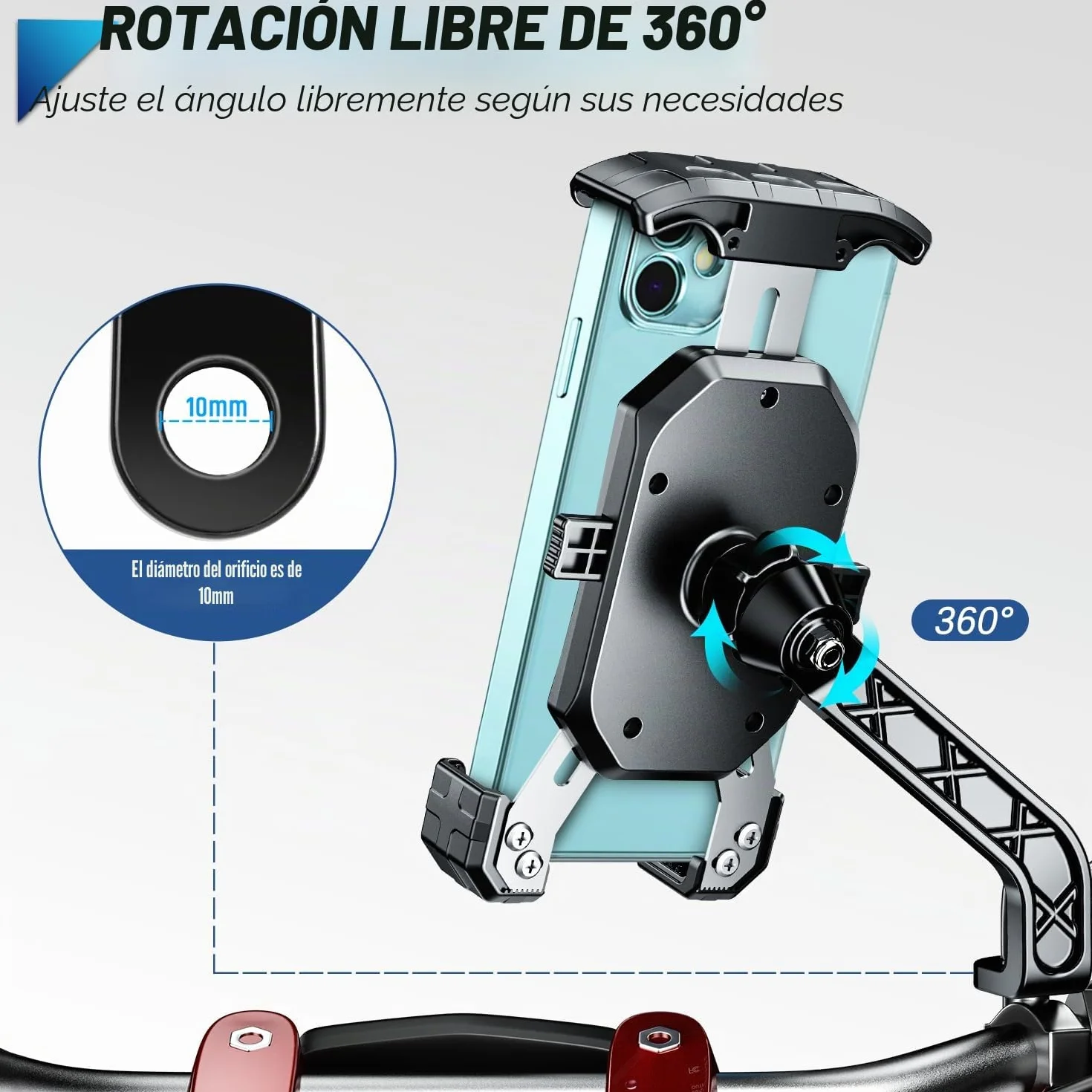 WACCET Soporte Movil Moto 360° Rotación Soporte Telefono Motocicleta Durable Anti Vibración Porta Movil Scooter Retrovisor Resistente al Óxido Portamoviles Moto para Móvil 4-7 Pulgada (Negro)