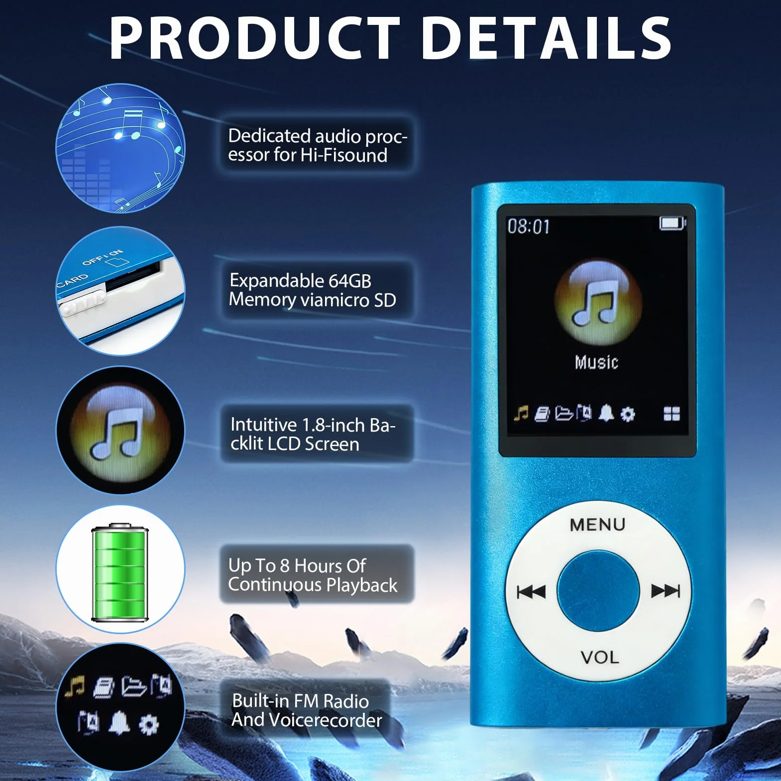 Reproductor MP3 MP4 Portátil con Pantalla LCD 1.8 Pulgadas, Radio FM, Grabación y Auriculares - Azul