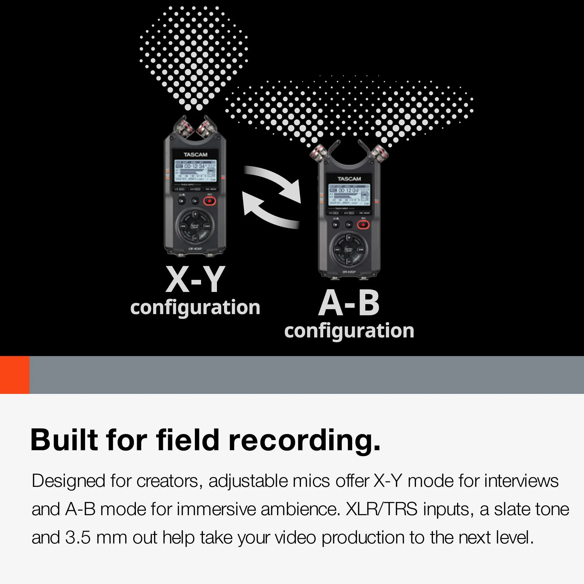 TASCAM DR-40XP - Grabadora portátil de campo de mano flotante de 4 canales de 32 bits e interfaz de audio USB-C, con 2 entradas XLR/TRS y micrófonos ajustables para música, audio para video y
