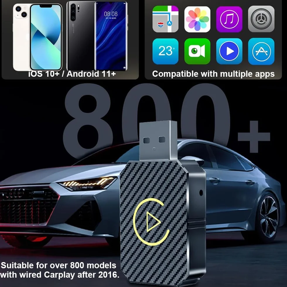 Adaptador Inalámbrico Carplay y Android Auto, Adaptador Carplay Inalámbrico Compatible con iOS 10+/Android 11+, USB C Plug and Play para Coches Después de 2016