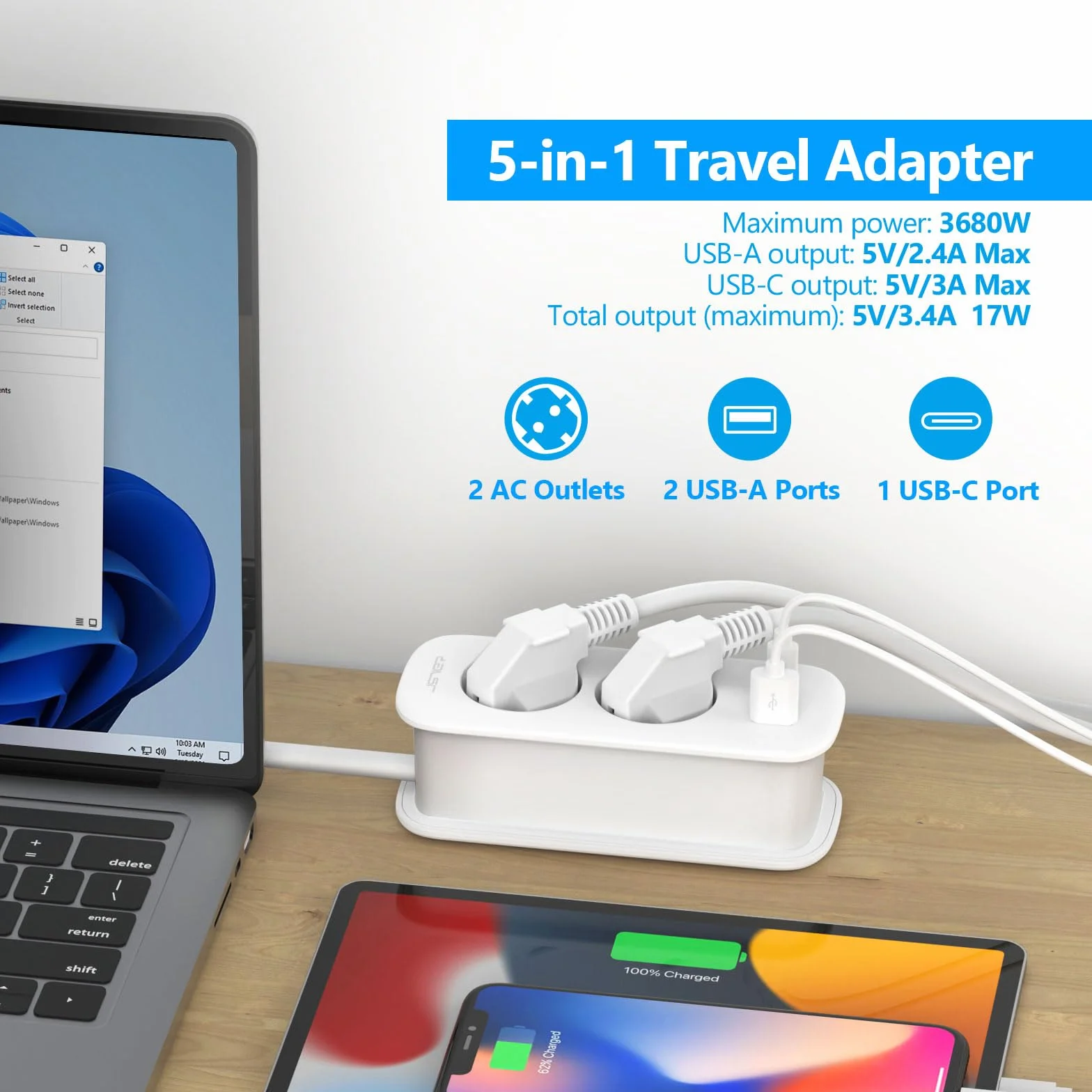 JSVER Adaptador Enchufe UK, Compacto Enchufe de Viaje con 1,5m Cable,Adaptador de Viaje Español a UK Tipo G con USB C para EU a Irlanda, Malasia, Singapur, Hong Kong, Macao-Blanco