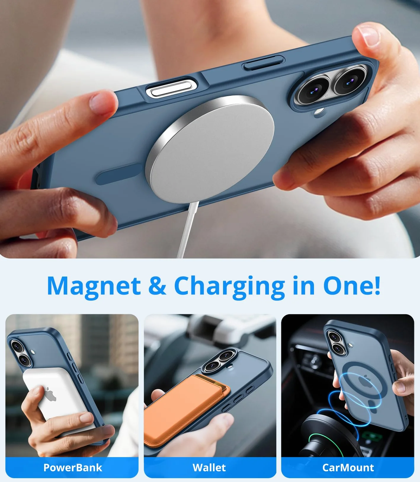 Vansdon Funda Magnética para iPhone 17 con 1 Piezas Cristal Templado, Compatible con Magsafe, Protección contra caídas de Grado Militar, Carcasa Respaldo Translúcida Mate Slim Antigolpes-Azul Oscuro