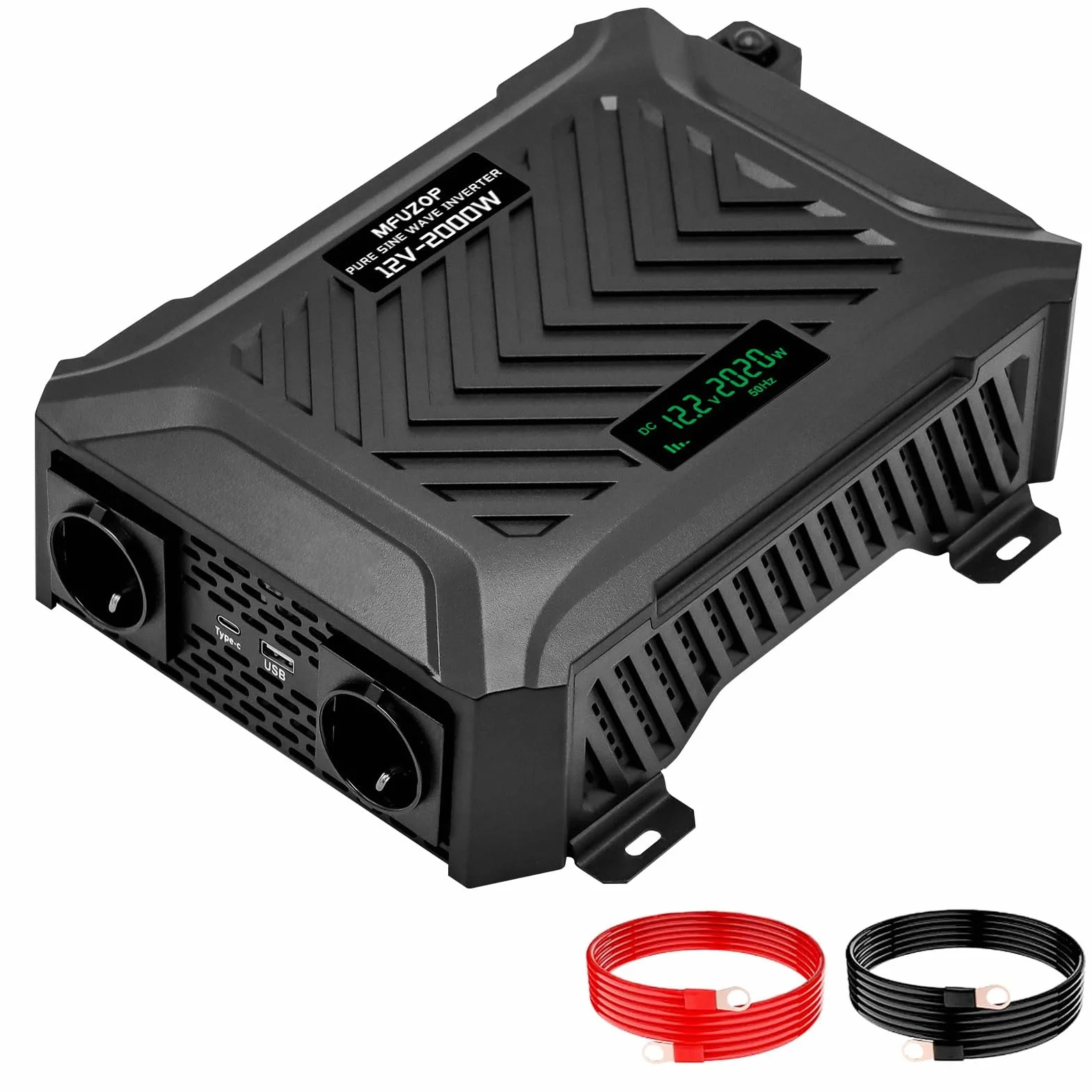 Inversor 12V 220V Onda Pura 2000W, Transformador con 2 Enchufes EU, Convertidor Potencia Pico 4000W, 1 USB-C & 1 USB-A (2,1A) para Camión Caravana Equipos Solares