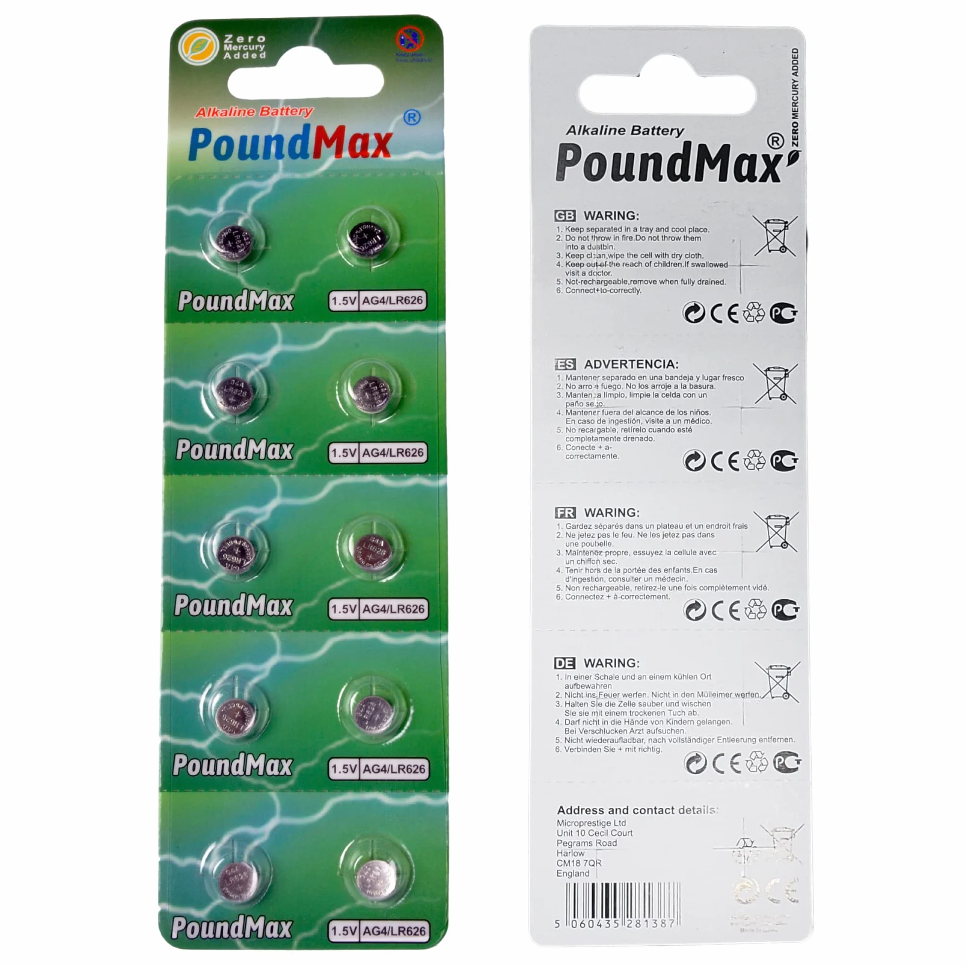 10 Pilas alcalinas AG4 376/377 LR66 SR626 SR626SW 1.5 V PoundMax