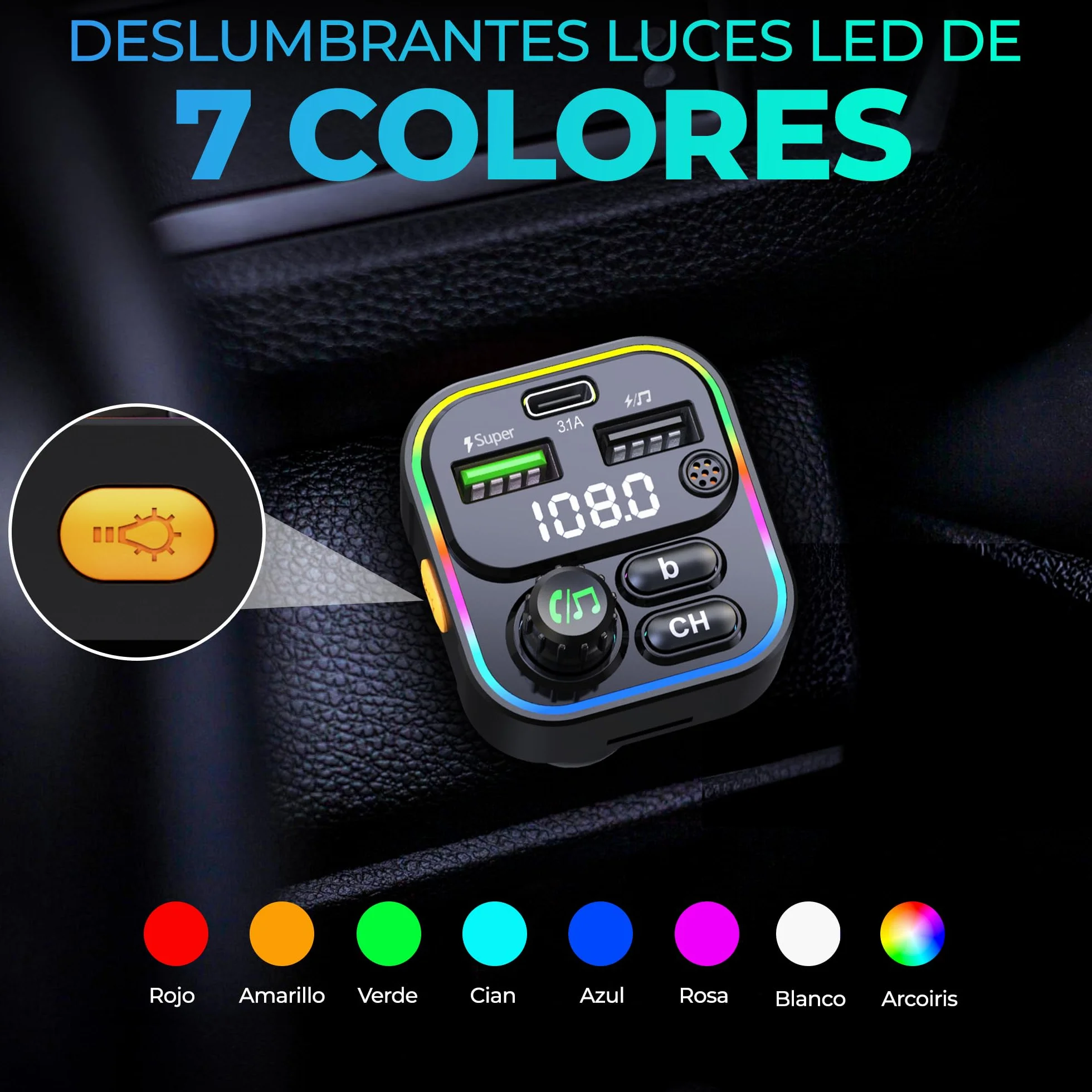 Transmisor FM Bluetooth Coche, Manos Libres, Adaptador Mechero MP3 con Doble USB Carga Rápida 22.5W/4.5A y Tipo C