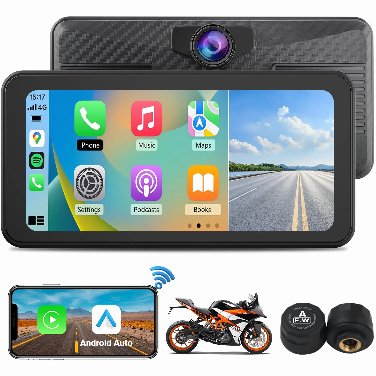 AWESAFE 6.25" GPS Moto Pantalla con Advertencia de Presión de Neumáticos/Cámara Frontal/Bluetooth/GPS/Siri/Asistente de Go0gle/Resistente Al Agua IPX8,Pantalla Moto Carplay y Android Auto Inalámbrico