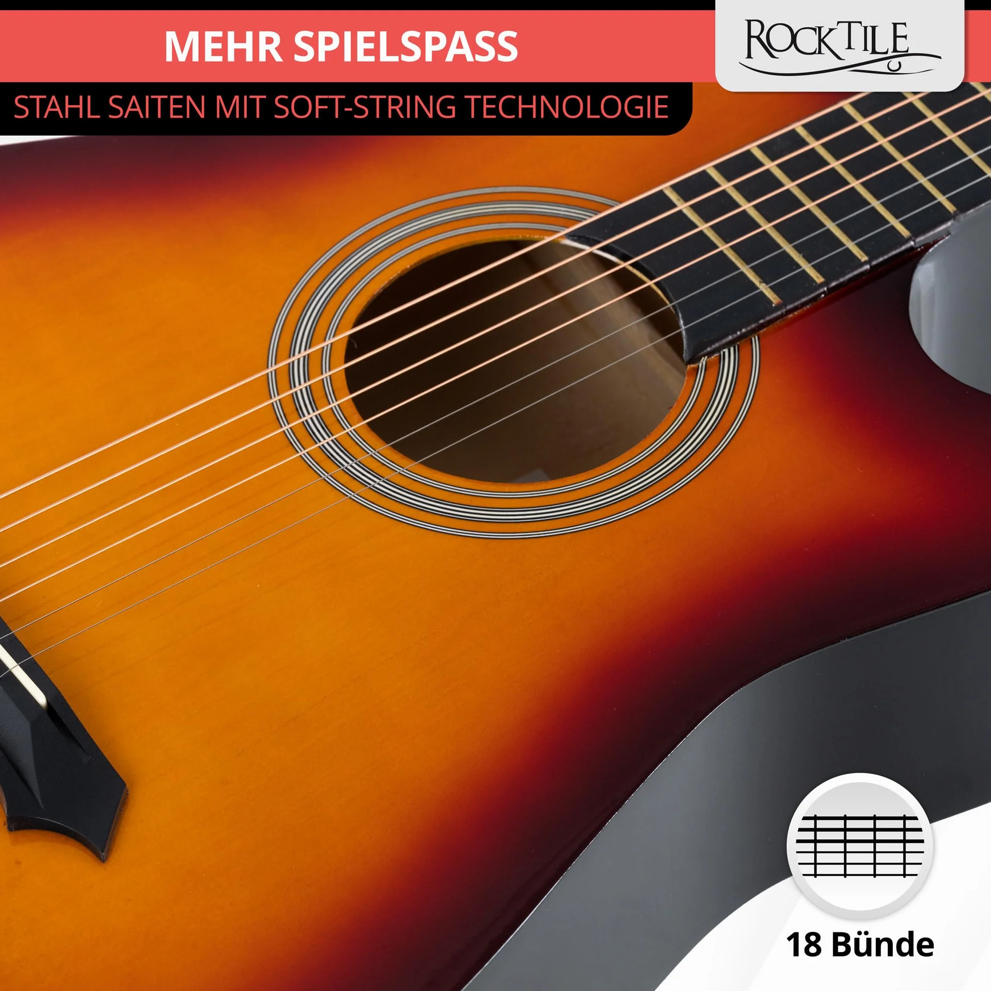 Rocktile WSD-5C-SB Slim Line Westerngitarre Set – Dreadnought Akustikgitarre mit Linde-Korpus, Catalpa-Hals, inkl. Tasche, Ersatzsaiten, Gurt & Plektren – Sunburst.