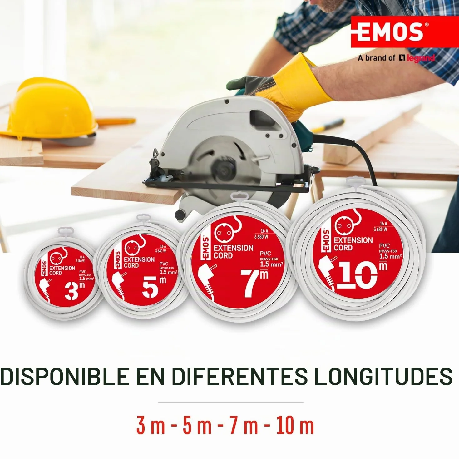 EMOS Cable alargador IP20 7 m 1 enchufe Schuko 250 V 16 A 3680 W H05VV-F3G 1,5 mm2 Blanco