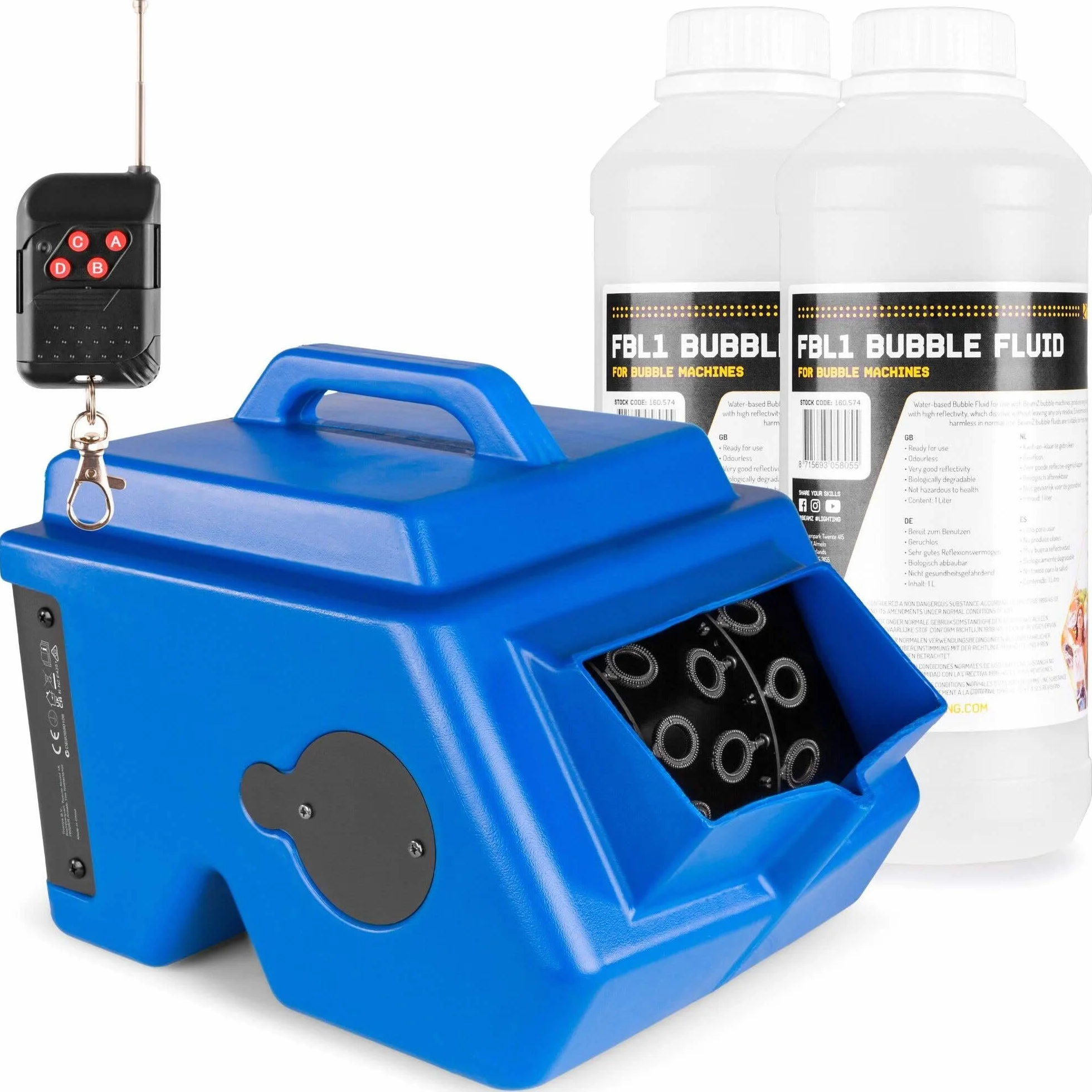 BeamZ B1500 máquina de burbujas profesional con 2L de líquido incluido, doble rueda, 2 ventiladores, control remoto, depósito 2L, ideal para fiestas, eventos y espectáculos