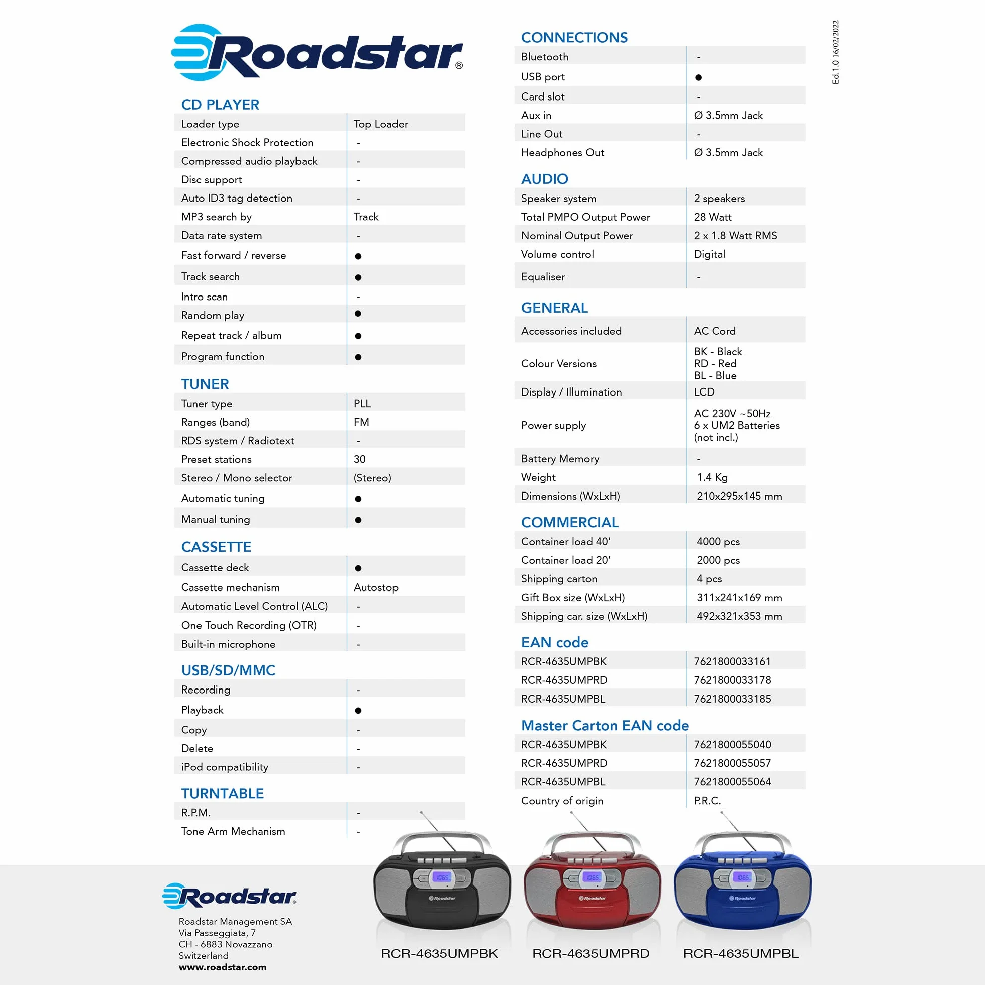Roadstar RCR-4635UMP/RD Radio CD Portátil Cassette, Radio Digital PLL FM, Boombox Reproductor CD-MP3, USB, AUX-IN, Salida de Auriculares, Rojo