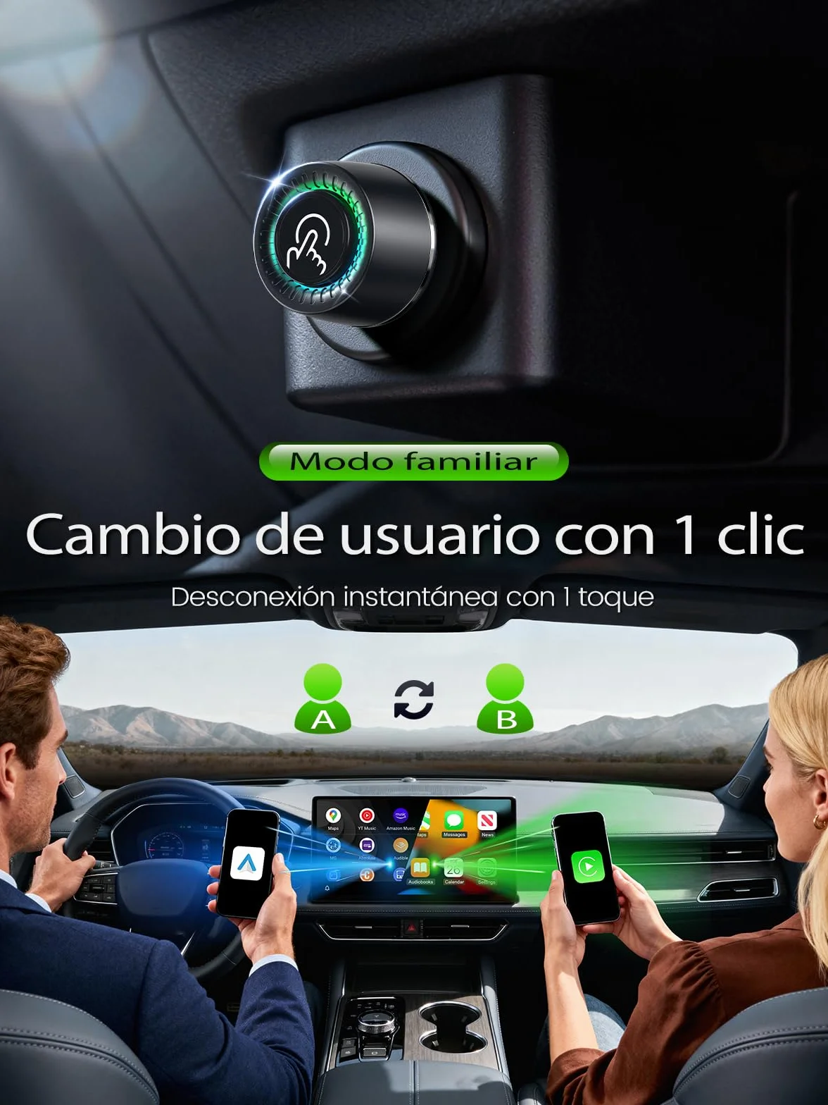 Adaptador CarPlay Inalámbrico - Cambio entre 2 Móviles con Botón, Android Auto Inalámbrico, Ultra Mini, Conexión Estable sin Sobrecalentamiento, Compatible con iPhone (iOS 10+) y Android 10+, USB-A/C