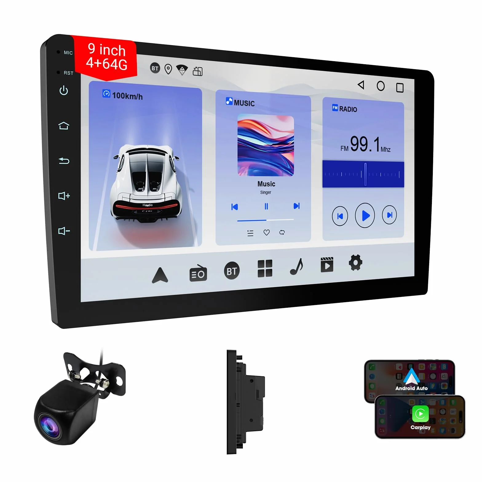 Haudio 2 DIN Coche Radio con Apple Carplay Inalámbrico & Android Auto, 9 Pulgadas IPS Pantalla con Trasera Cámara, GPS, Mirror Link, Radio SWC/Am/FM Adecuada Mayoría Coches 4+64GB(Actualizar CPU)