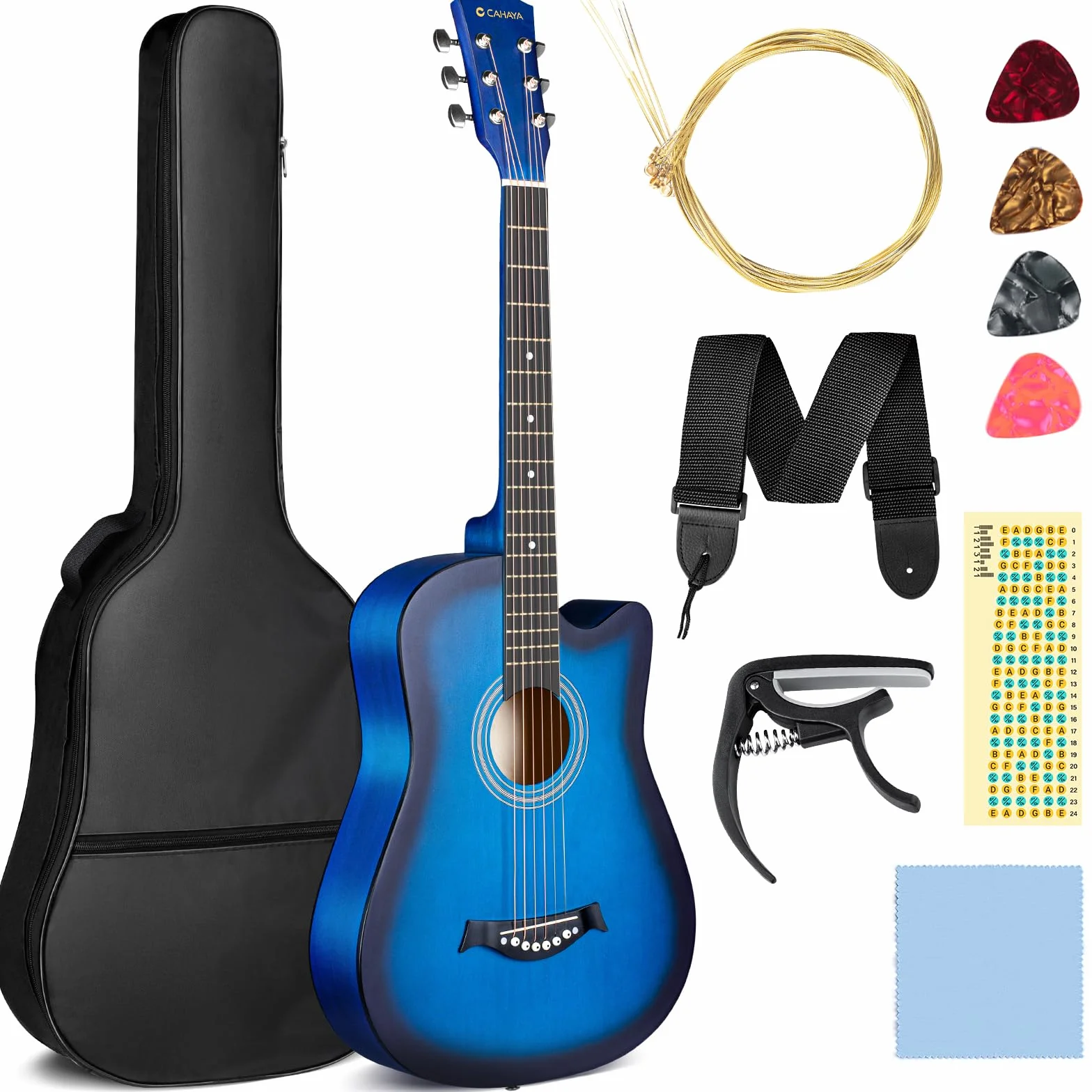 CAHAYA Guitarra Acústica De Tamaño Completo De 38 Pulgadas con Cuerdas De Repuesto, Estuche, Correa, Púas, Cejuela, Pegatinas, Azul, CY0354