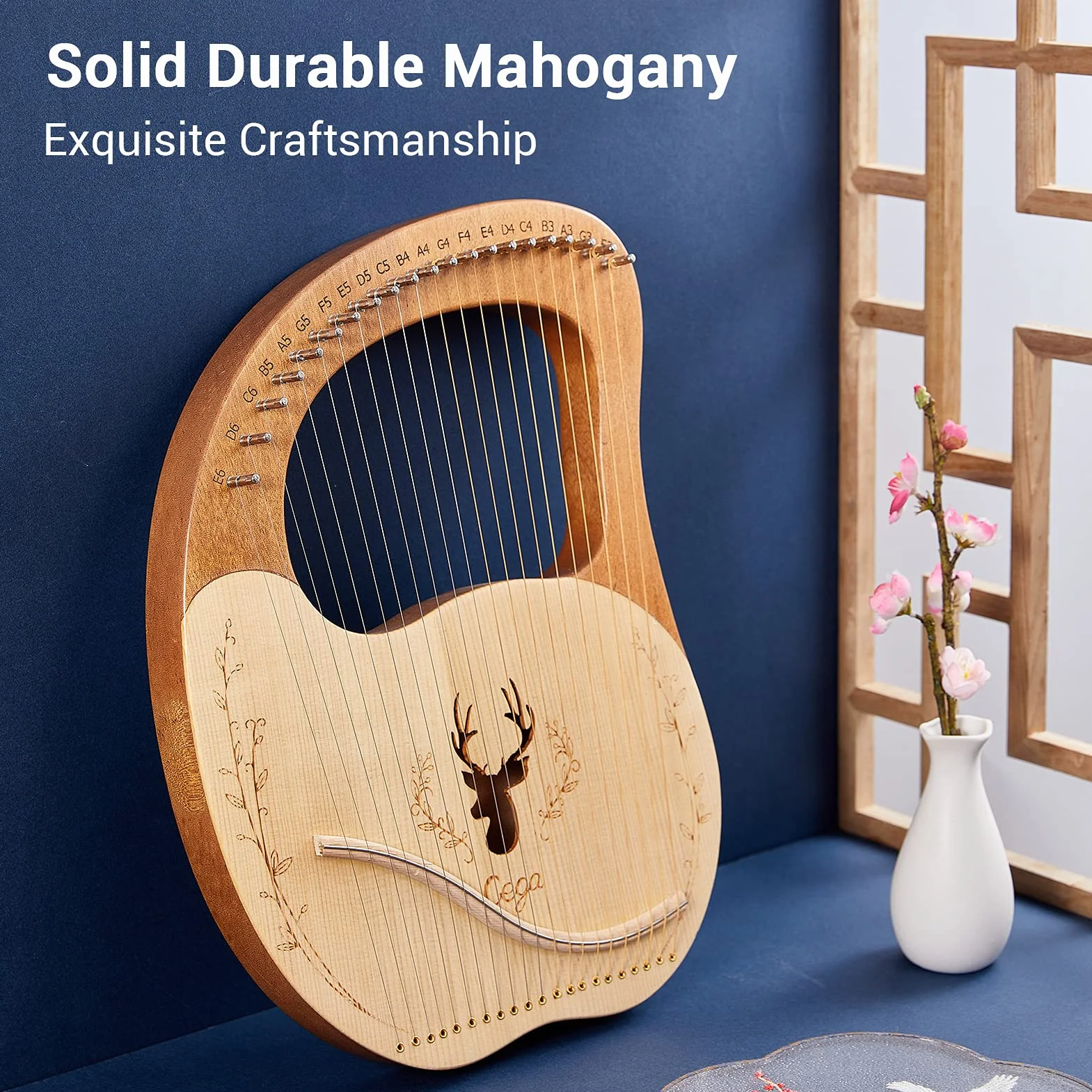 HUIOP lira,Cega 21 cuerdas de metal Lyre Harp Box Lyre Harp Spruce Topboard Tablero de caoba Instrumento de cuerda con llave de afinación Cuerdas Picks Music Note Sticker,arpa lira con llave de afinac