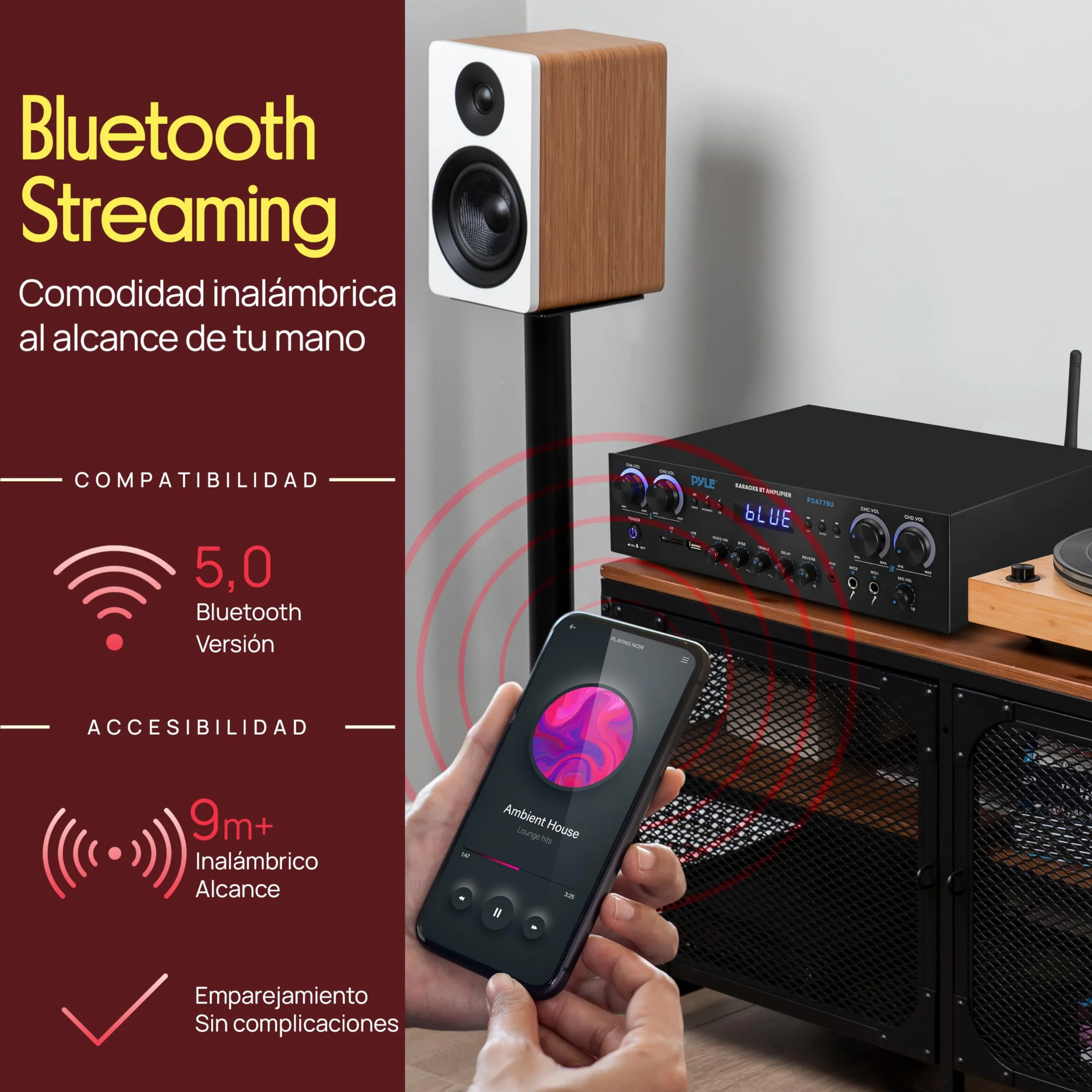 Pyle Amplificador de Sonido, Cine en casa, 800W, Bluetooth, Estereo, para el hogar, 4 Canales, con MP3/USB/SD/AUX/RCA/FM, Microfono, Auriculares, Volumen LED