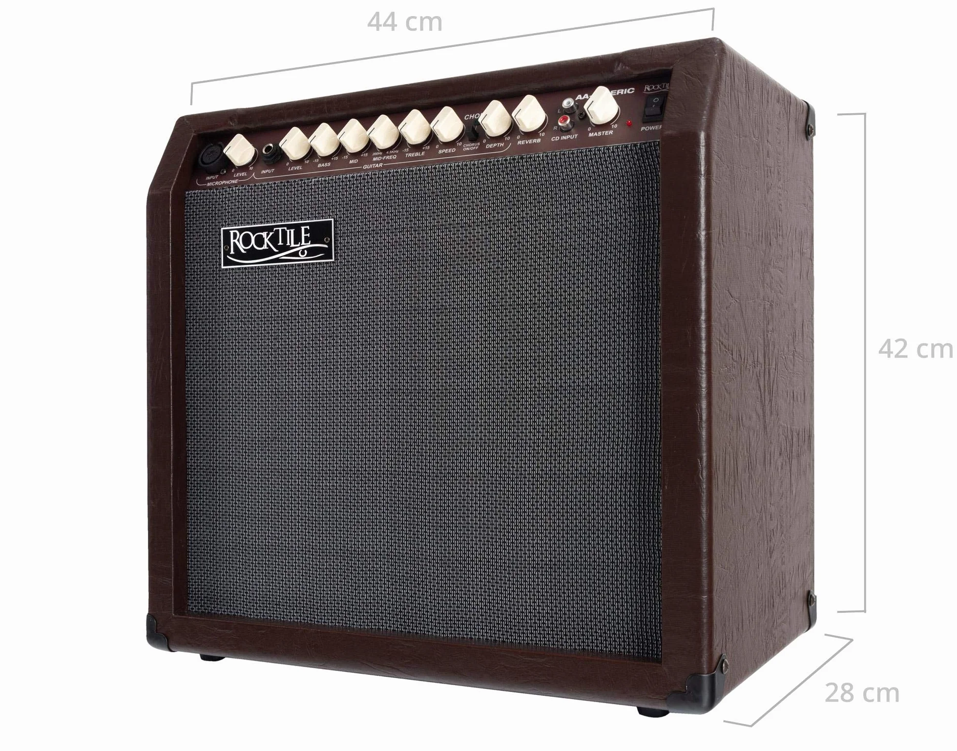 Rocktile AA-30 BN Eric Amplificador Acústico 30W, 2 Canales (Mic y Guitarra), Altavoz 10" + Tweeter 2.5", Entrada AUX, Salida línea, Efectos Chorus y Reverb, Color marrón.