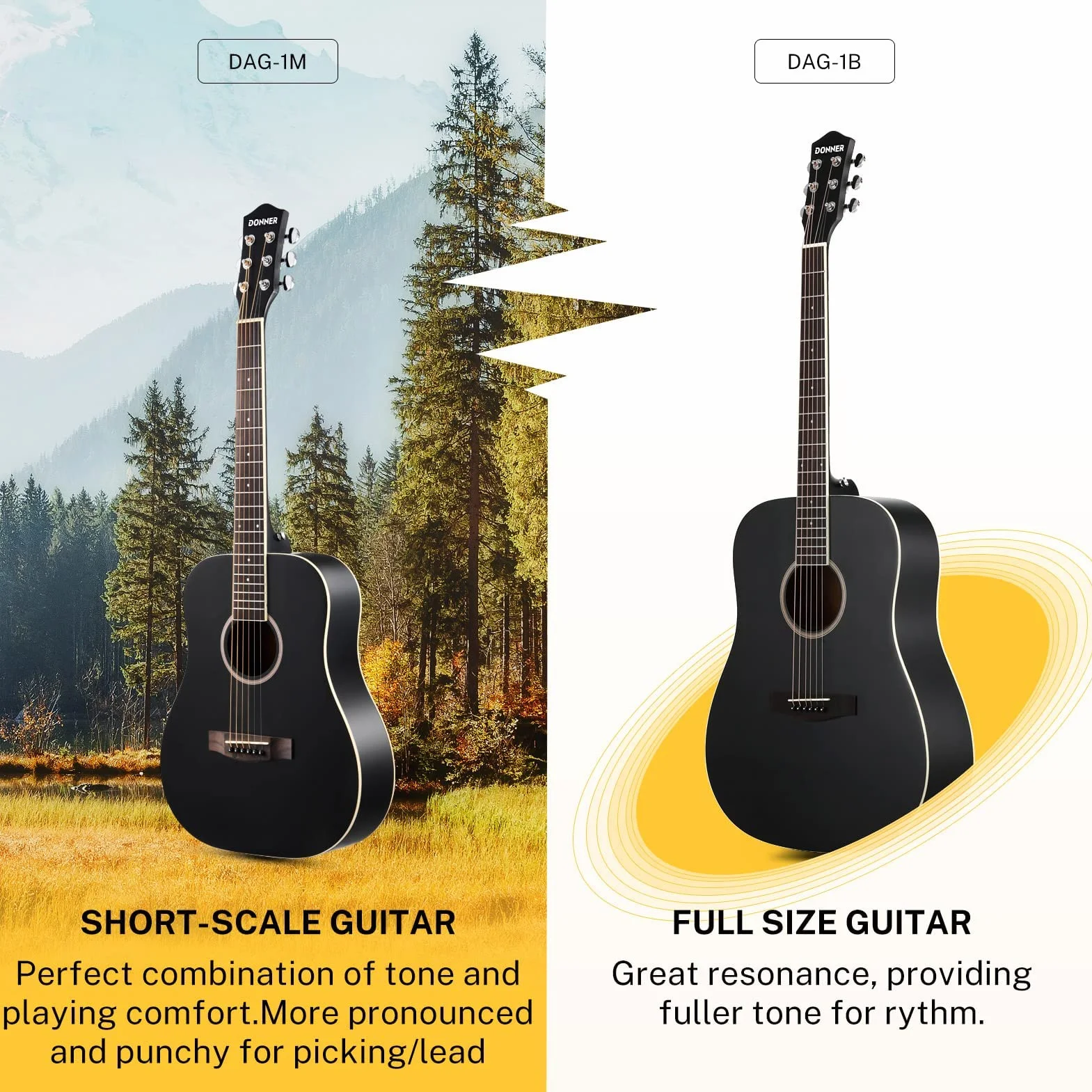 Donner Guitarra Acústica 3/4 para Adulto Principiante Guitarra Kit 36 Pulgadas Dreadnought de Abeto Caoba con Funda Correa Cejilla Cuerdas Afinador Negro