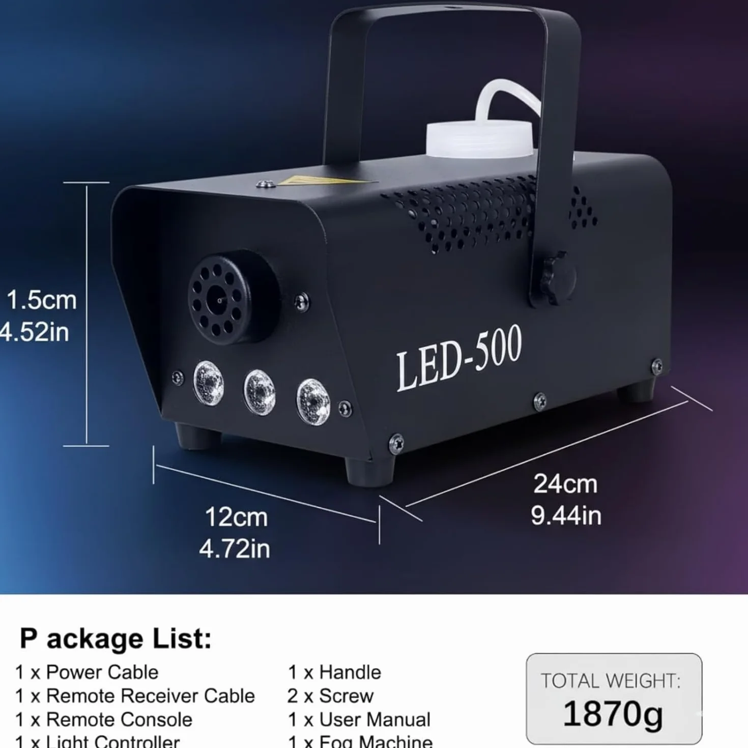 Máquina de Humo 500W, Mini Niebla Máquina con Luces RGB LED de 3 Colores, 300ml Tanque, Control Remoto Inalámbrico, Automático, Portátil, para Halloween Fiestas Bodas DJ Escenario (B)